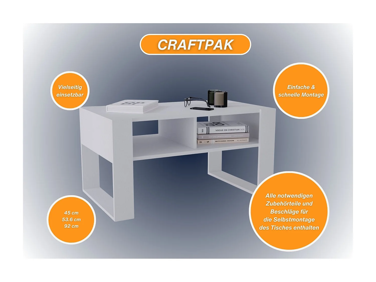 CraftPAK moderner & stabiler Couchtisch für Wohnzimmer aus Holzwerkstoff 45x53,6x92cm