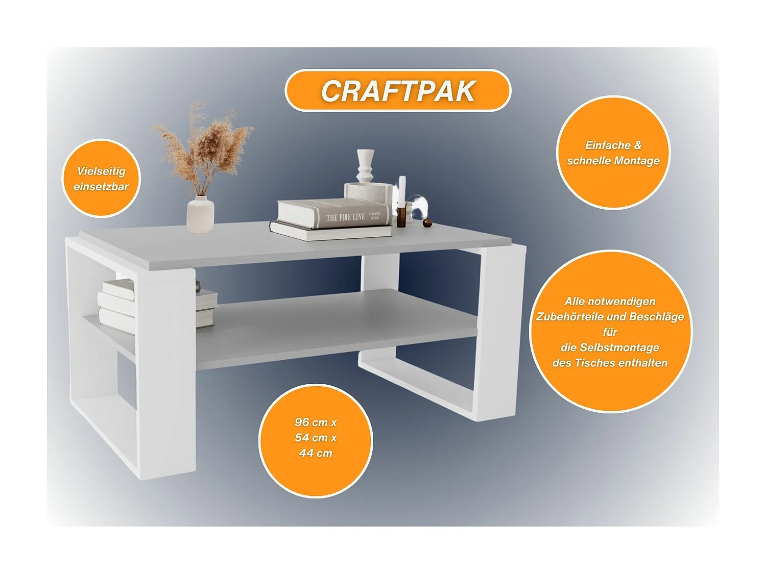 CraftPAK moderner & stabiler Couchtisch für Wohnzimmer aus Holzwerkstoff 42x54x96cm