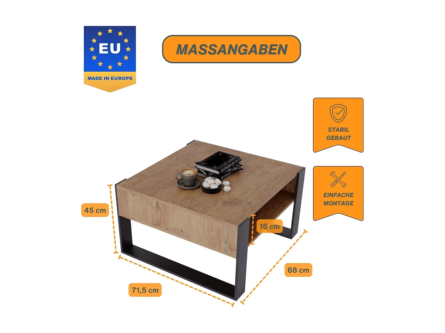 CraftPAK moderner & stabiler Couchtisch für Wohnzimmer aus Holzwerkstoff 45/71.5/68cm