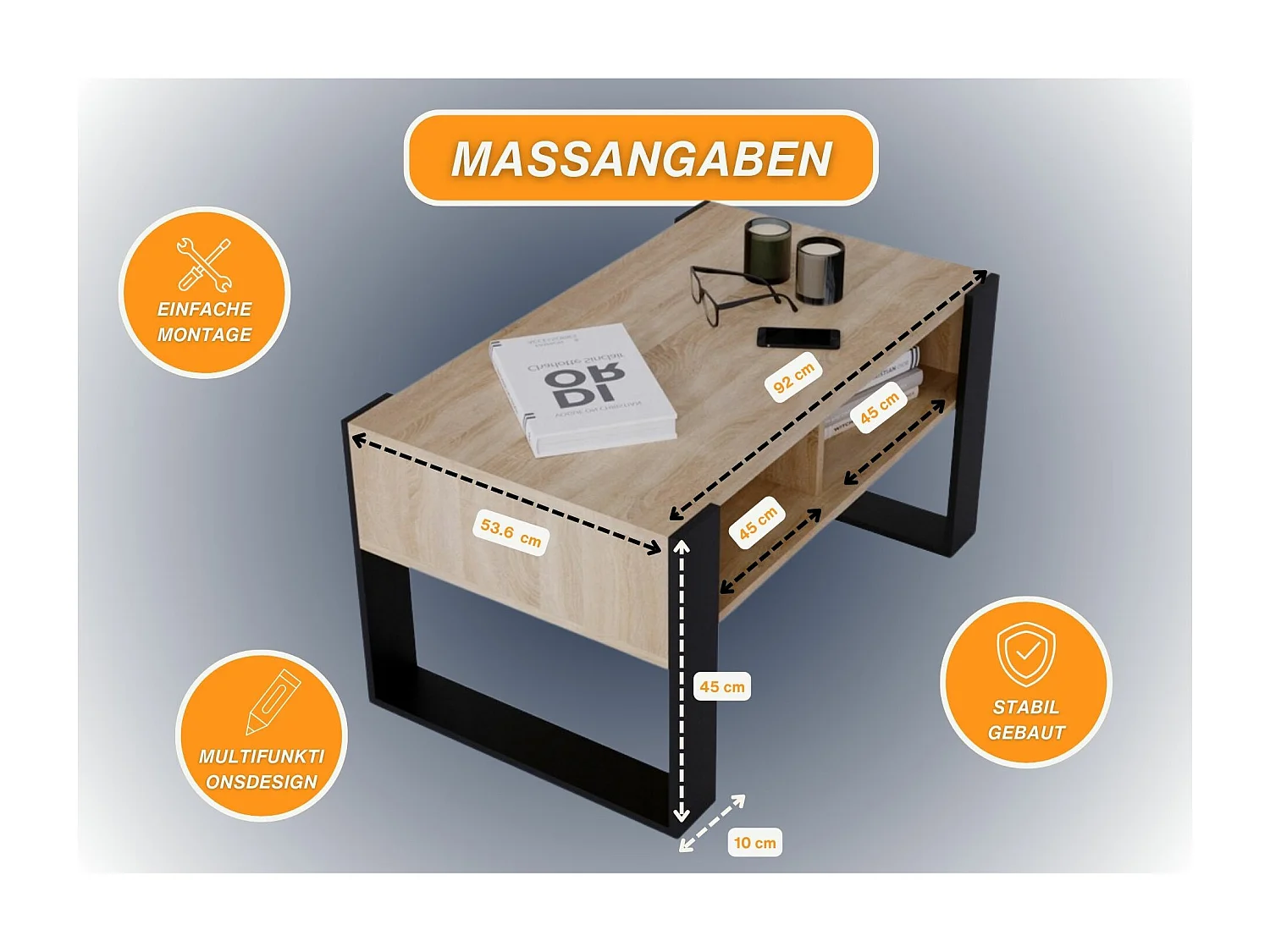 CraftPAK moderner & stabiler Couchtisch für Wohnzimmer aus Holzwerkstoff 45x53,6x92cm