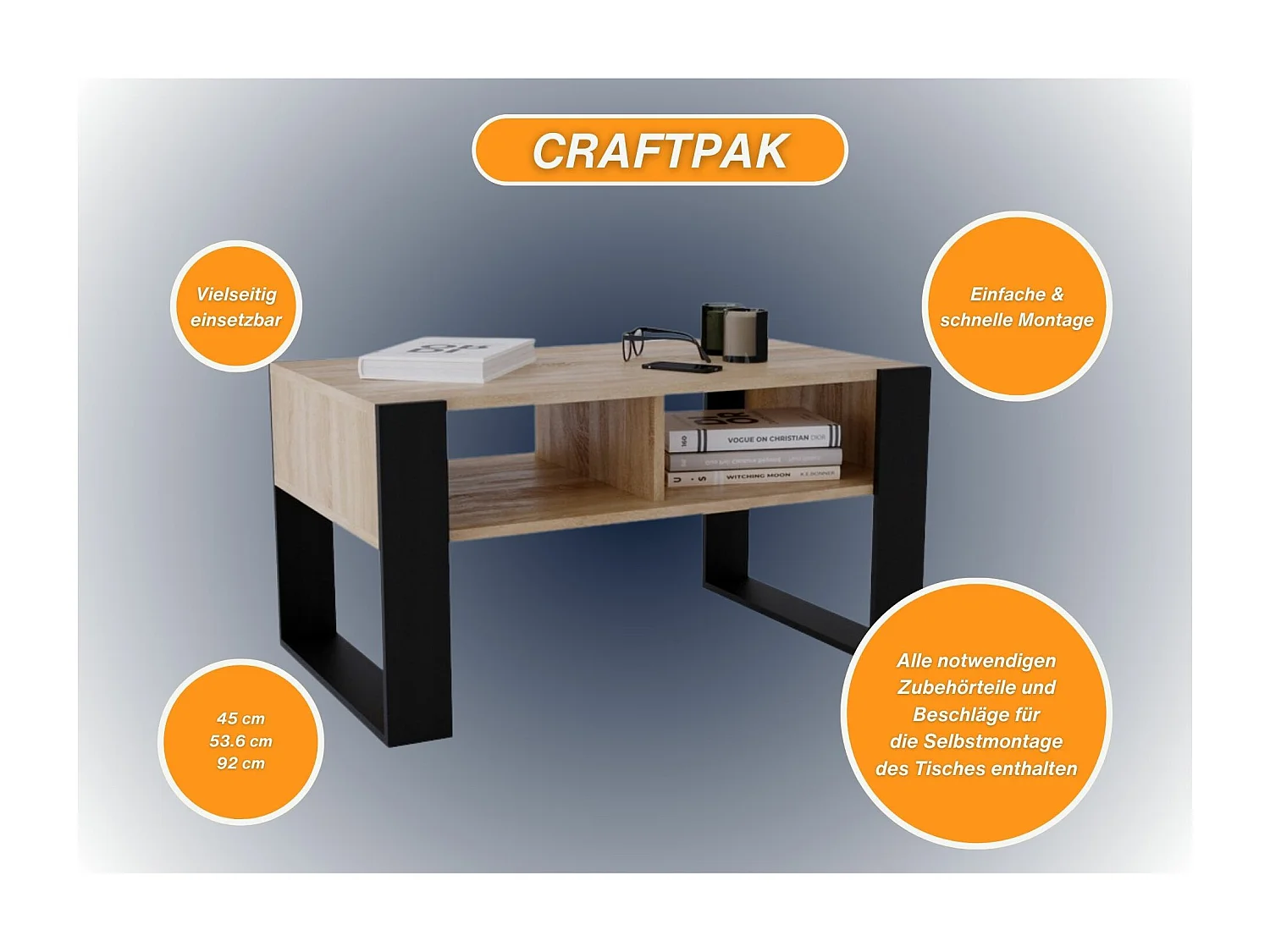 CraftPAK moderner & stabiler Couchtisch für Wohnzimmer aus Holzwerkstoff 45x53,6x92cm