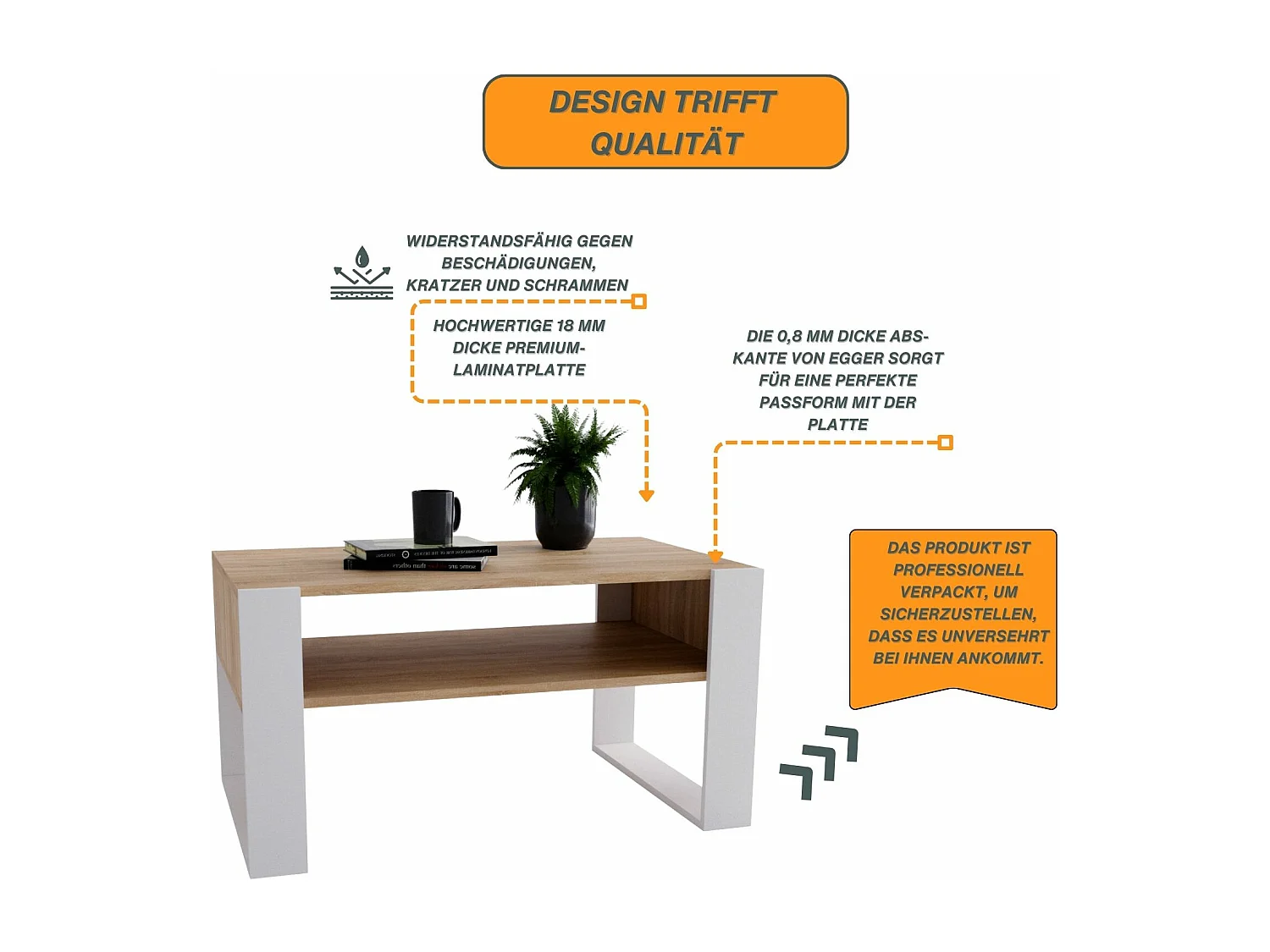 CraftPAK moderner & stabiler  Couchtisch für Wohnzimmer aus Holzwerkstoff 45x53,6x92cm