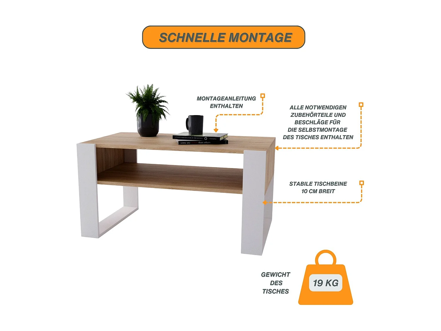 CraftPAK moderner & stabiler  Couchtisch für Wohnzimmer aus Holzwerkstoff 45x53,6x92cm
