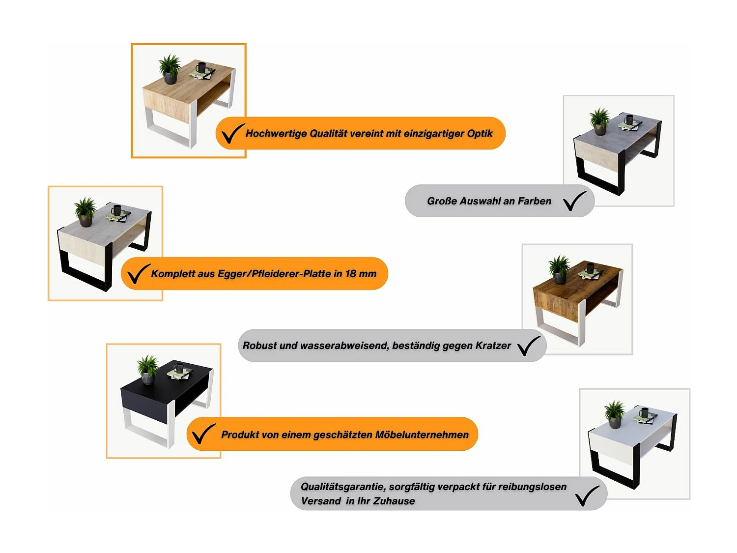 CraftPAK moderner & stabiler  Couchtisch für Wohnzimmer aus Holzwerkstoff 45x53,6x92cm