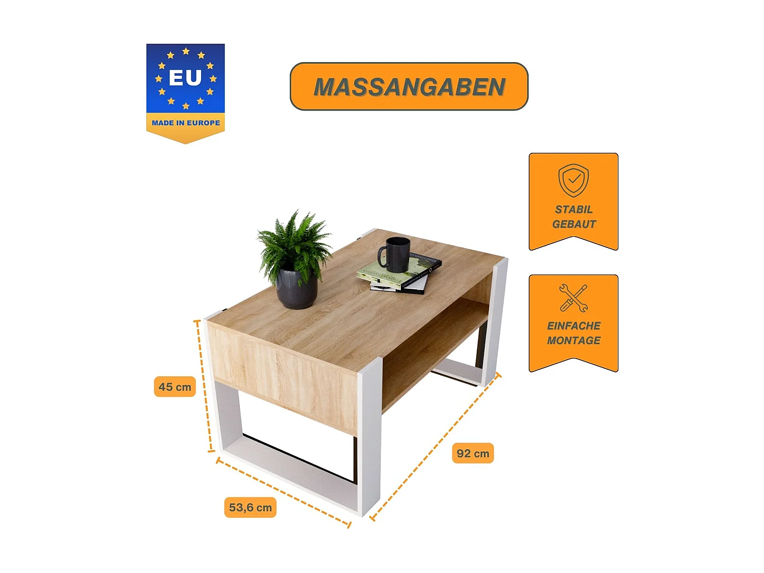 CraftPAK moderner & stabiler  Couchtisch für Wohnzimmer aus Holzwerkstoff 45x53,6x92cm