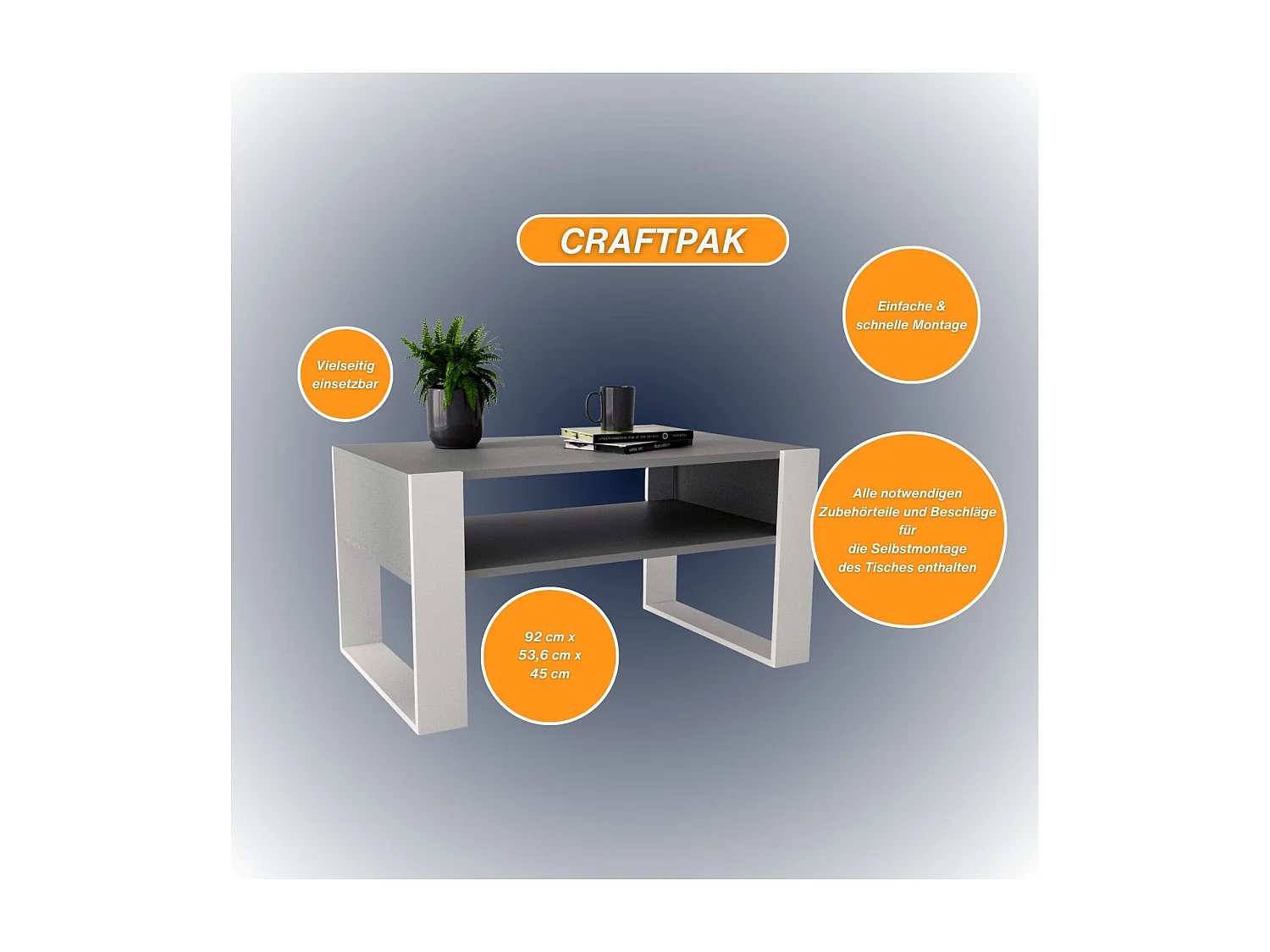 CraftPAK moderner & stabiler  Couchtisch für Wohnzimmer aus Holzwerkstoff 45x53,6x92cm