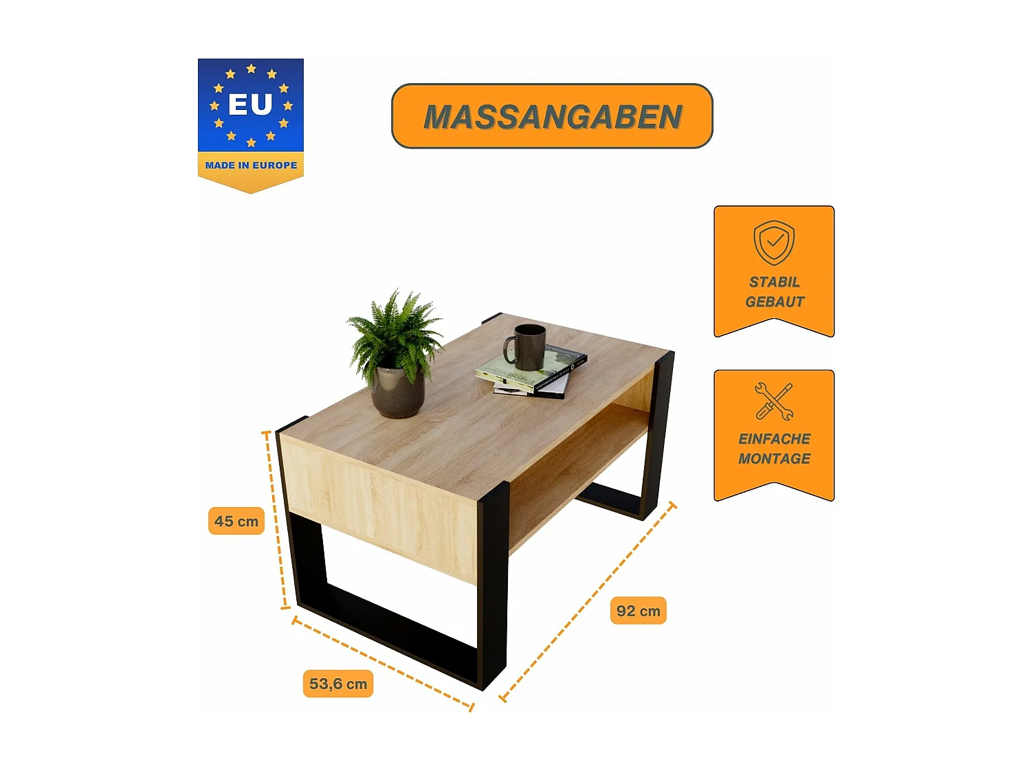 CraftPAK moderner & stabiler  Couchtisch für Wohnzimmer aus Holzwerkstoff 45x53,6x92cm