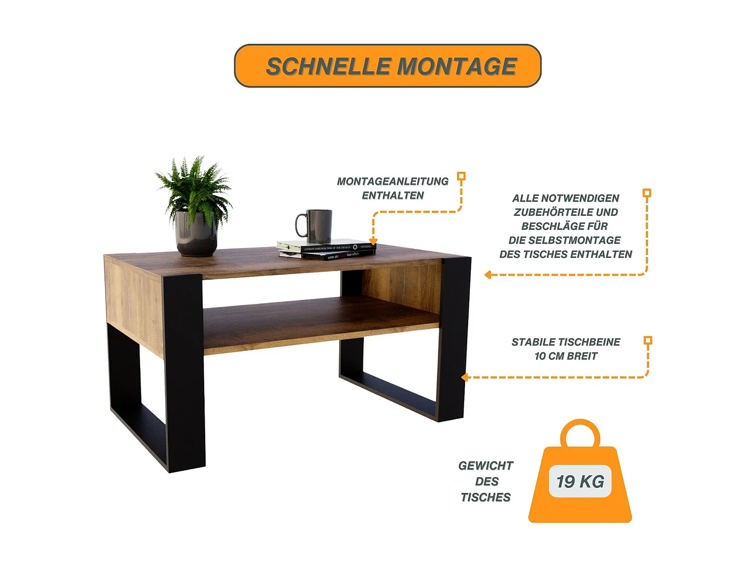 CraftPAK moderner & stabiler  Couchtisch für Wohnzimmer aus Holzwerkstoff 45x53,6x92cm