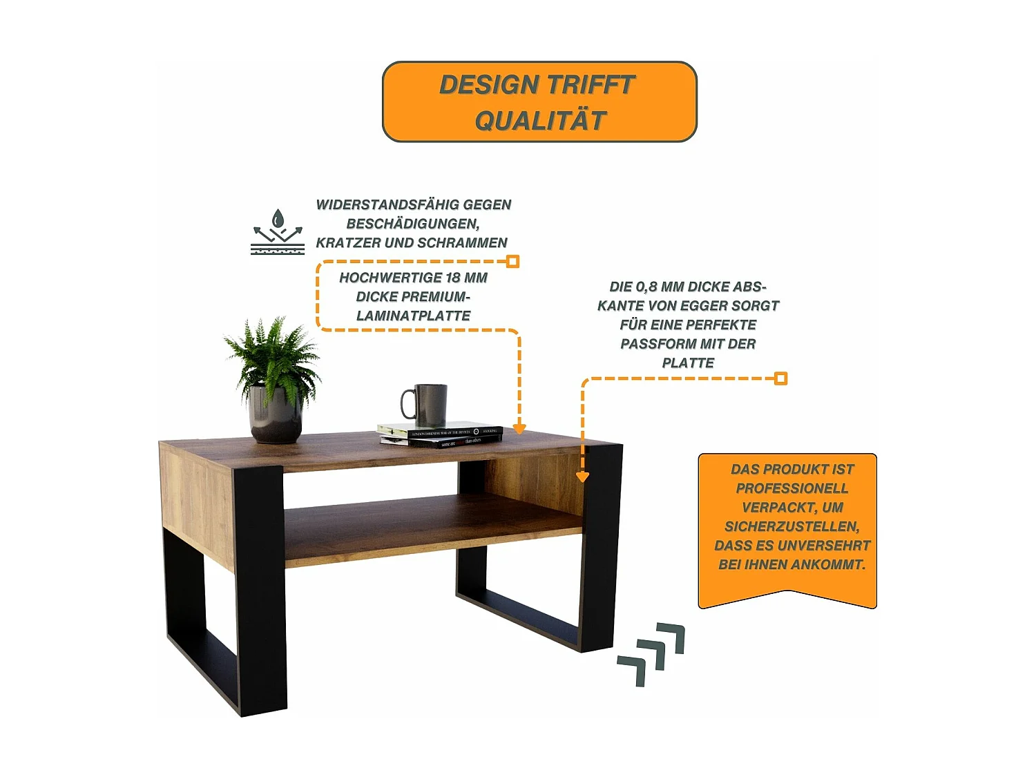 CraftPAK moderner & stabiler  Couchtisch für Wohnzimmer aus Holzwerkstoff 45x53,6x92cm