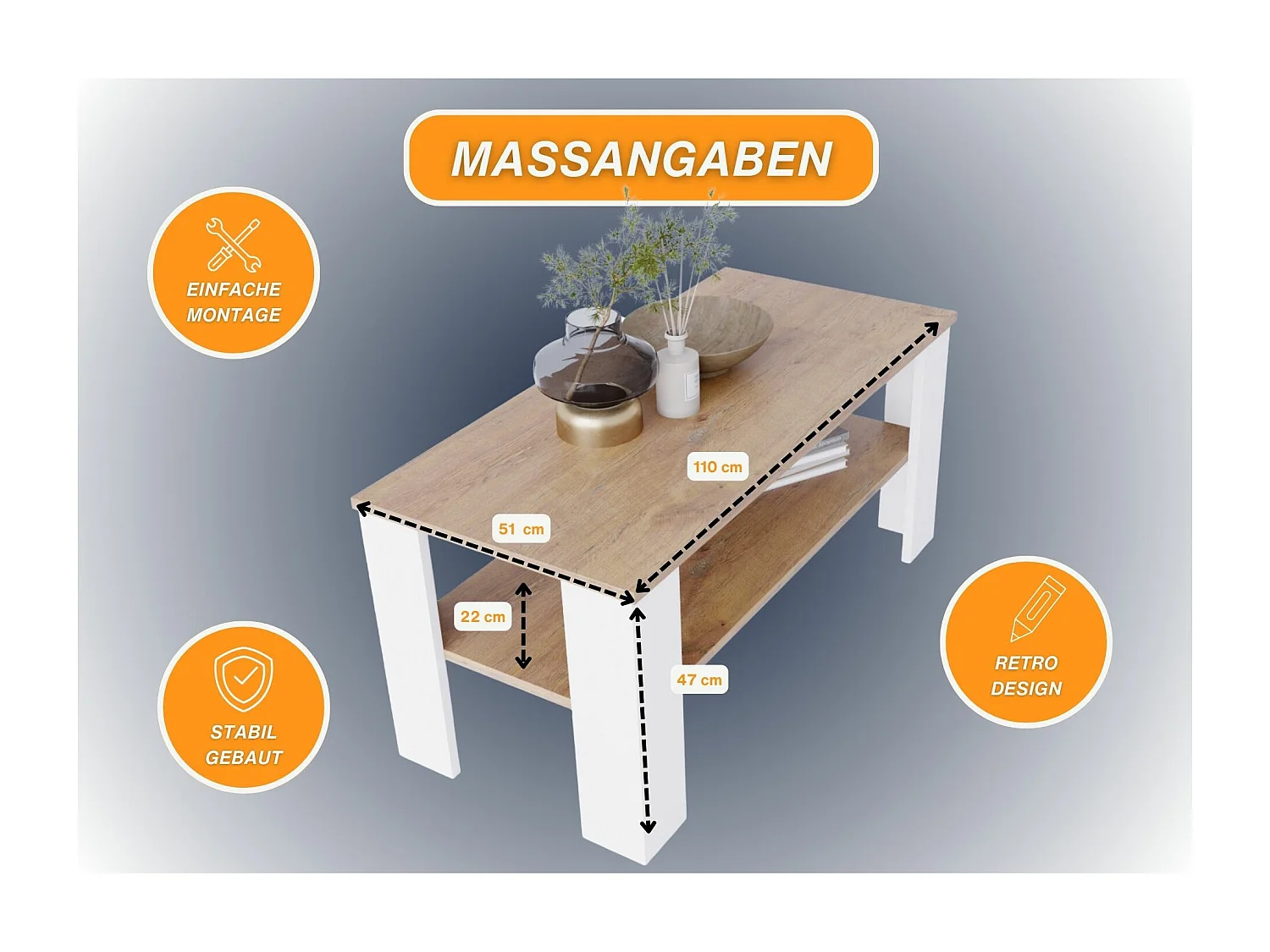 CraftPAK moderner & stabiler Couchtisch für Wohnzimmer aus Holzwerkstoff 47x51x110cm