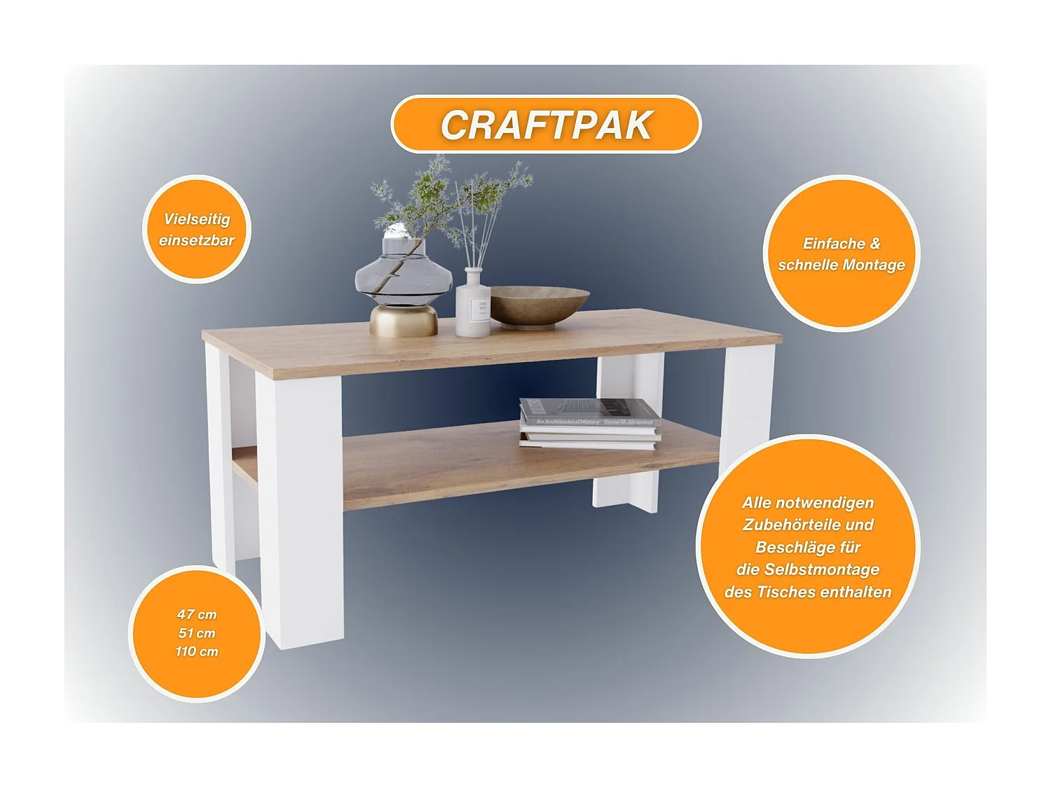 CraftPAK moderner & stabiler Couchtisch für Wohnzimmer aus Holzwerkstoff 47x51x110cm