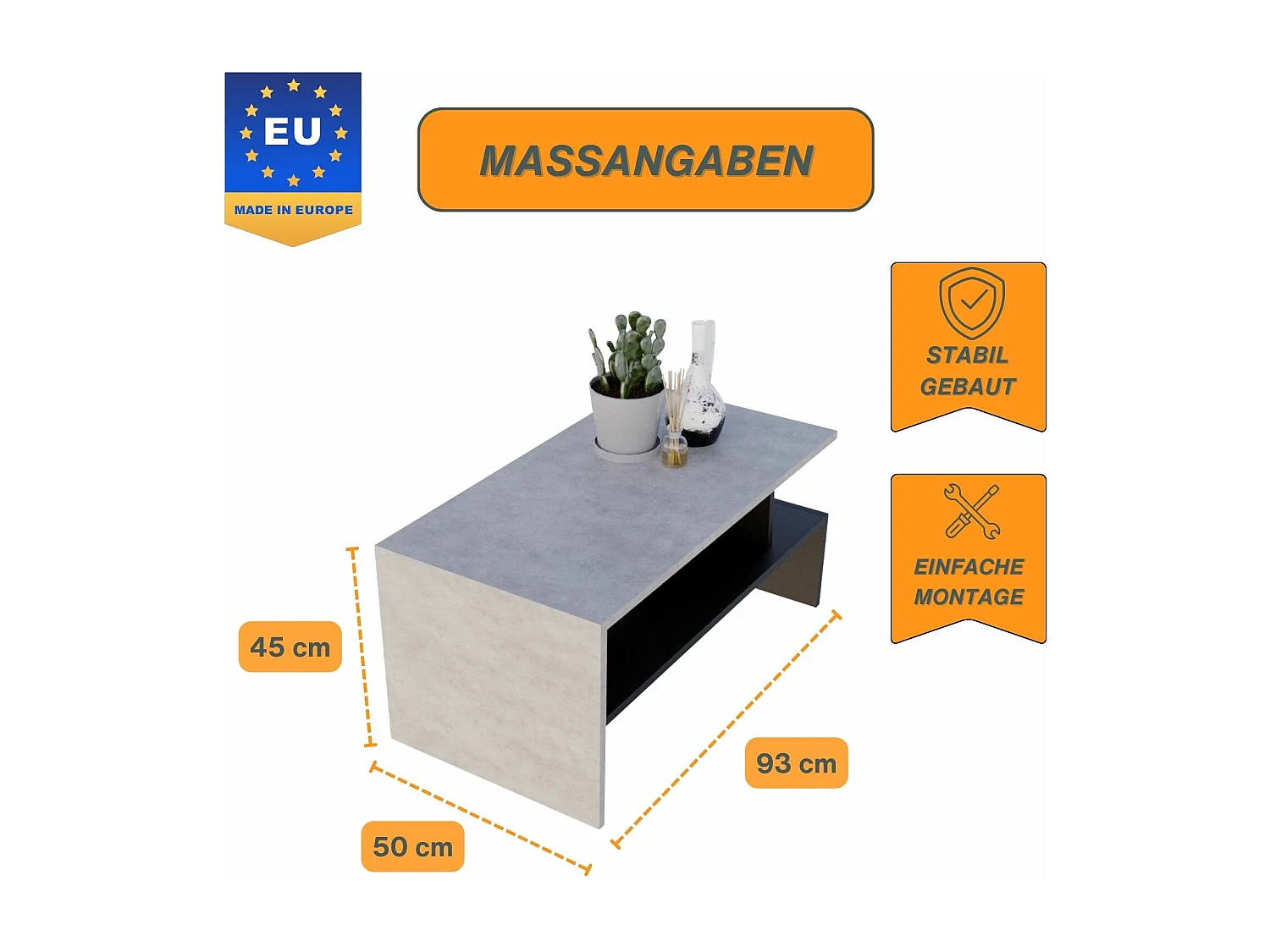 CraftPAK moderner & stabiler Couchtisch für Wohnzimmer aus Holzwerkstoff