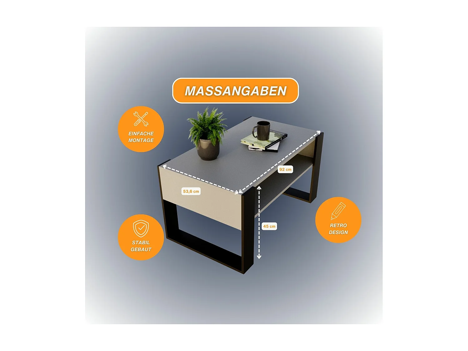 CraftPAK moderner & stabiler  Couchtisch für Wohnzimmer aus Holzwerkstoff 45x53,6x92cm