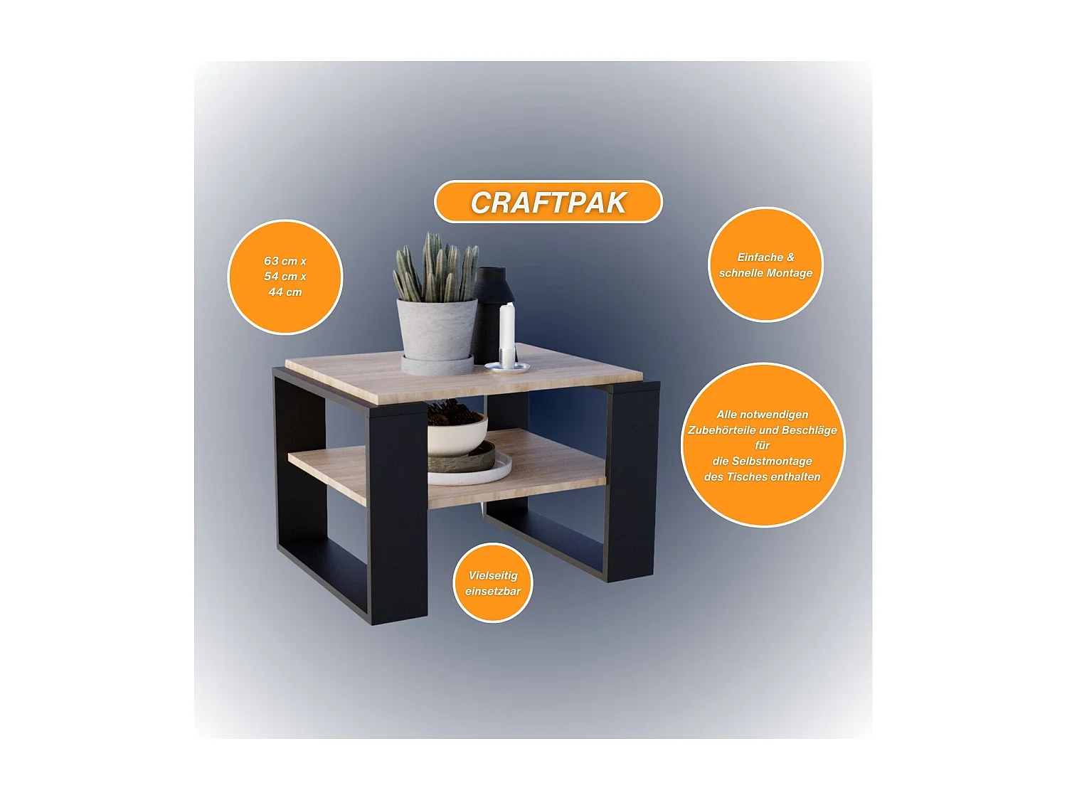 CraftPAK moderner & stabiler Couchtisch für Wohnzimmer aus Holzwerkstoff 44x54x63cm