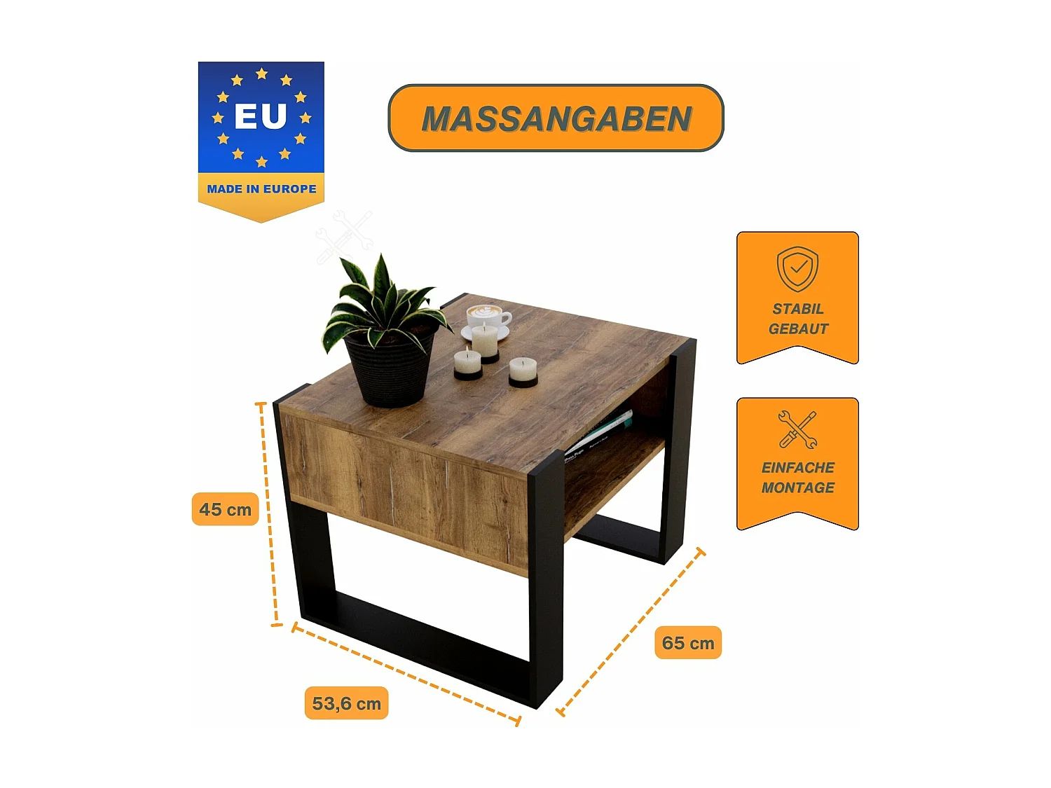 CraftPAK moderner & stabiler Couchtisch für Wohnzimmer aus Holzwerkstoff 45x53,6x65cm