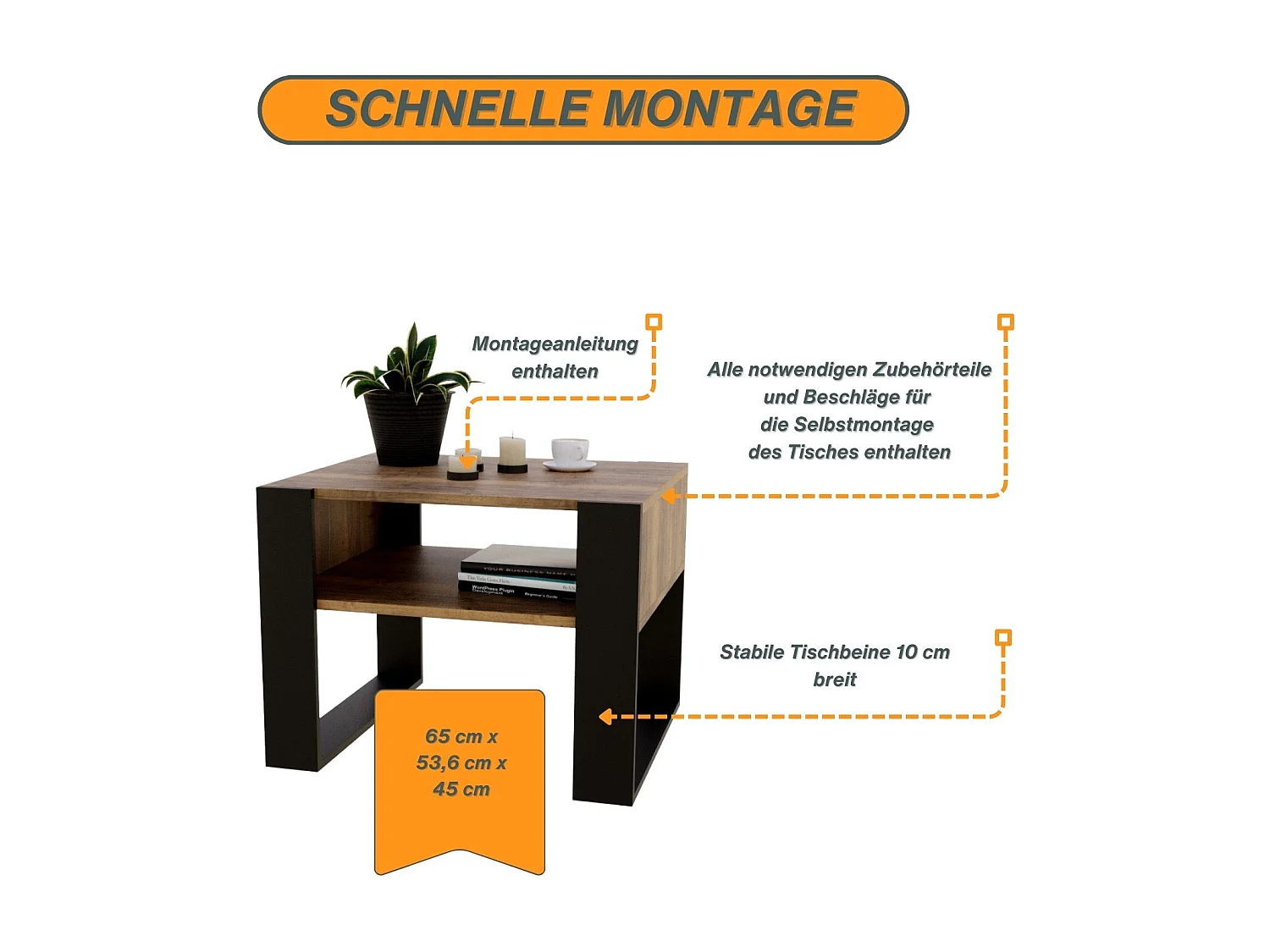 CraftPAK moderner & stabiler Couchtisch für Wohnzimmer aus Holzwerkstoff 45x53,6x65cm