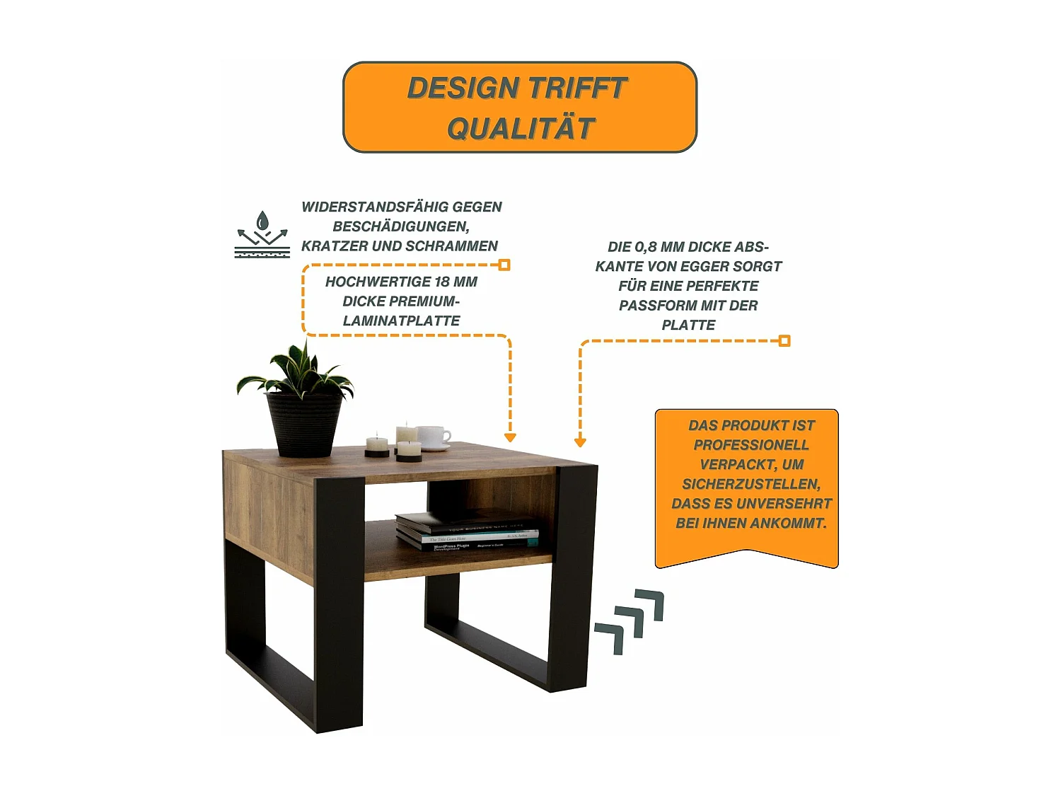 CraftPAK moderner & stabiler Couchtisch für Wohnzimmer aus Holzwerkstoff 45x53,6x65cm