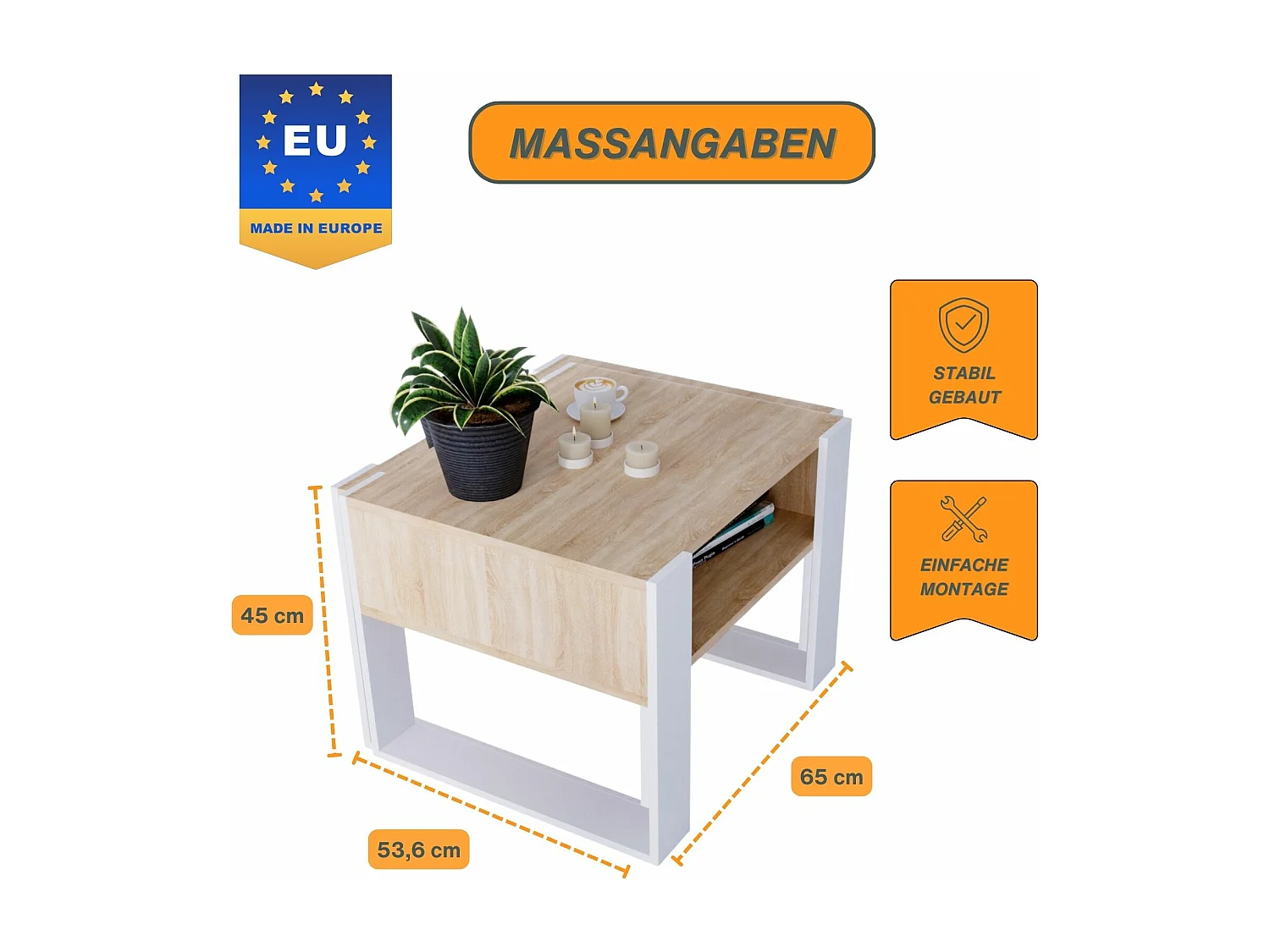 CraftPAK moderner & stabiler Couchtisch für Wohnzimmer aus Holzwerkstoff 45x53,6x65cm