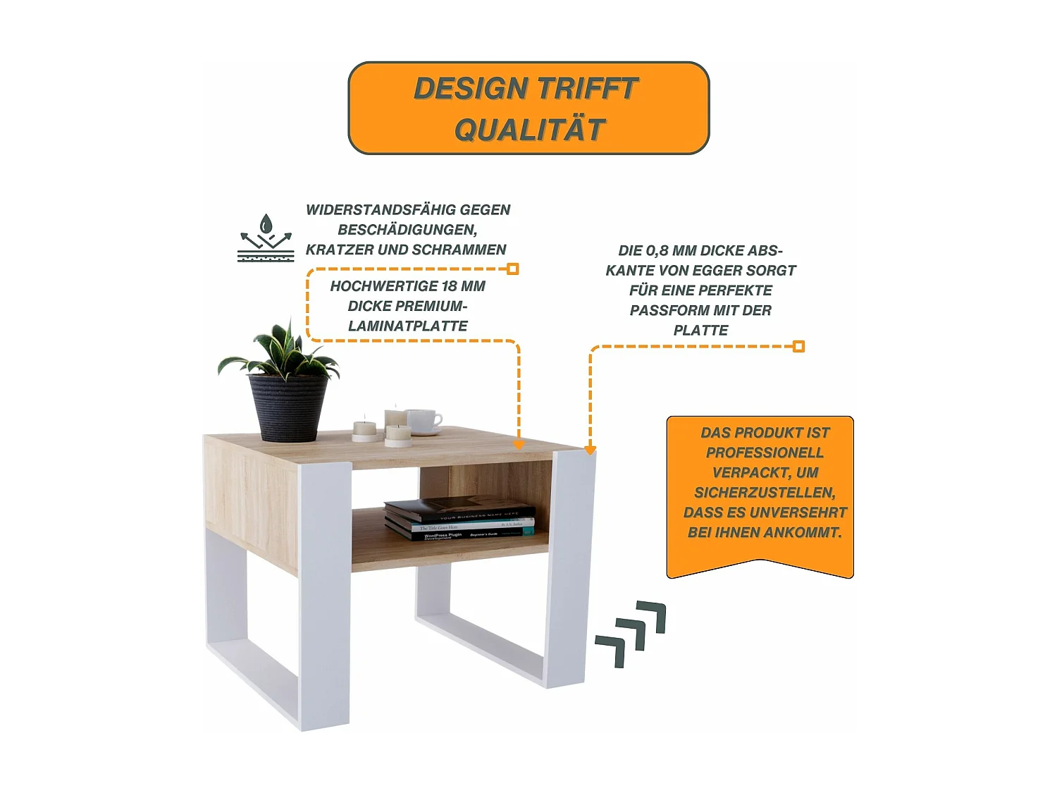 CraftPAK moderner & stabiler Couchtisch für Wohnzimmer aus Holzwerkstoff 45x53,6x65cm