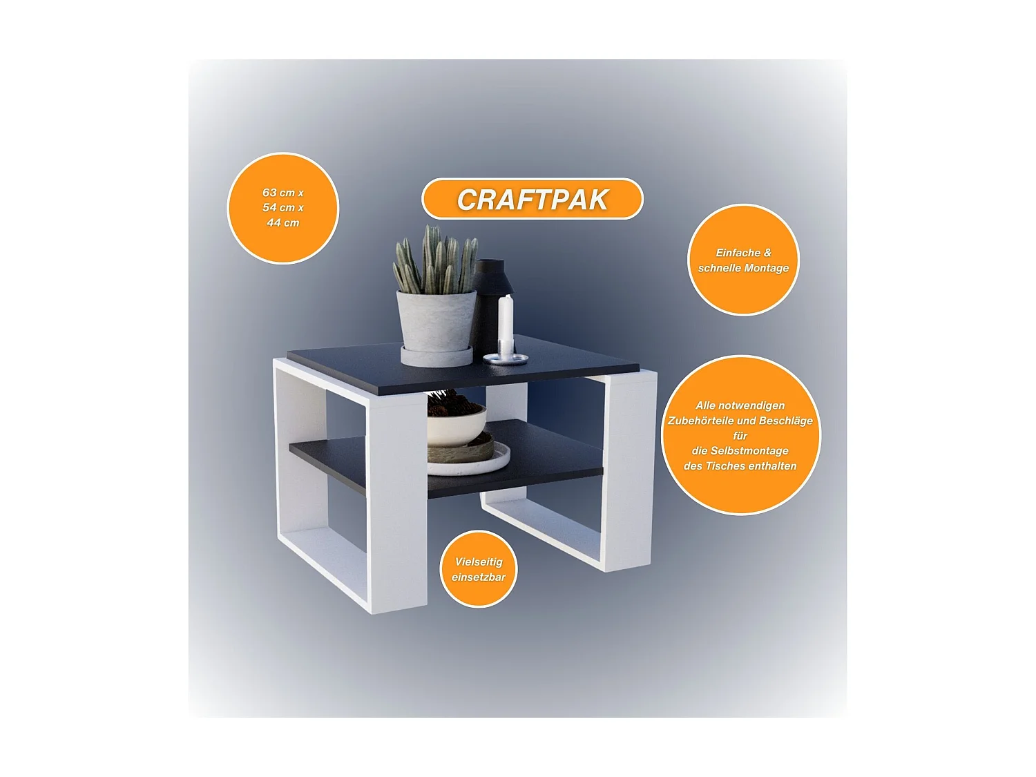 CraftPAK moderner & stabiler Couchtisch für Wohnzimmer aus Holzwerkstoff 44x54x63cm