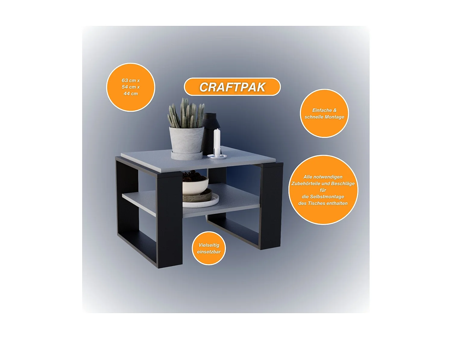 CraftPAK moderner & stabiler Couchtisch für Wohnzimmer aus Holzwerkstoff 44x54x63cm