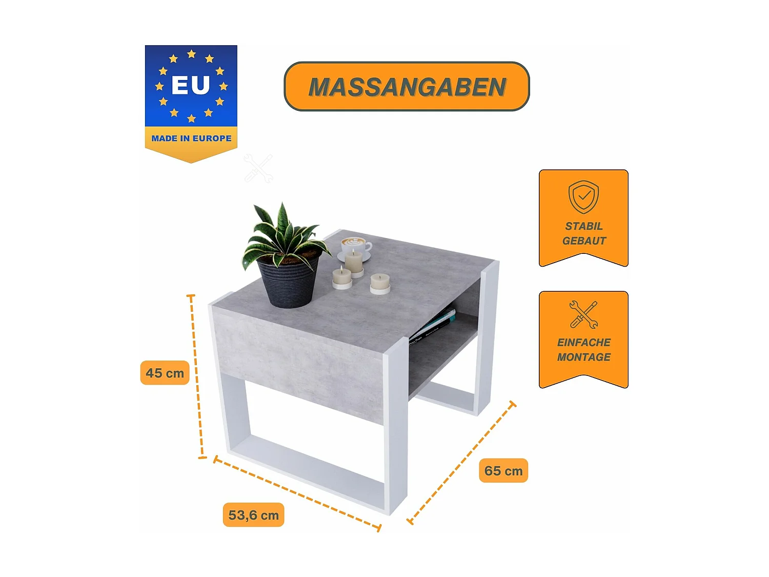 CraftPAK moderner & stabiler Couchtisch für Wohnzimmer aus Holzwerkstoff 45x53,6x65cm