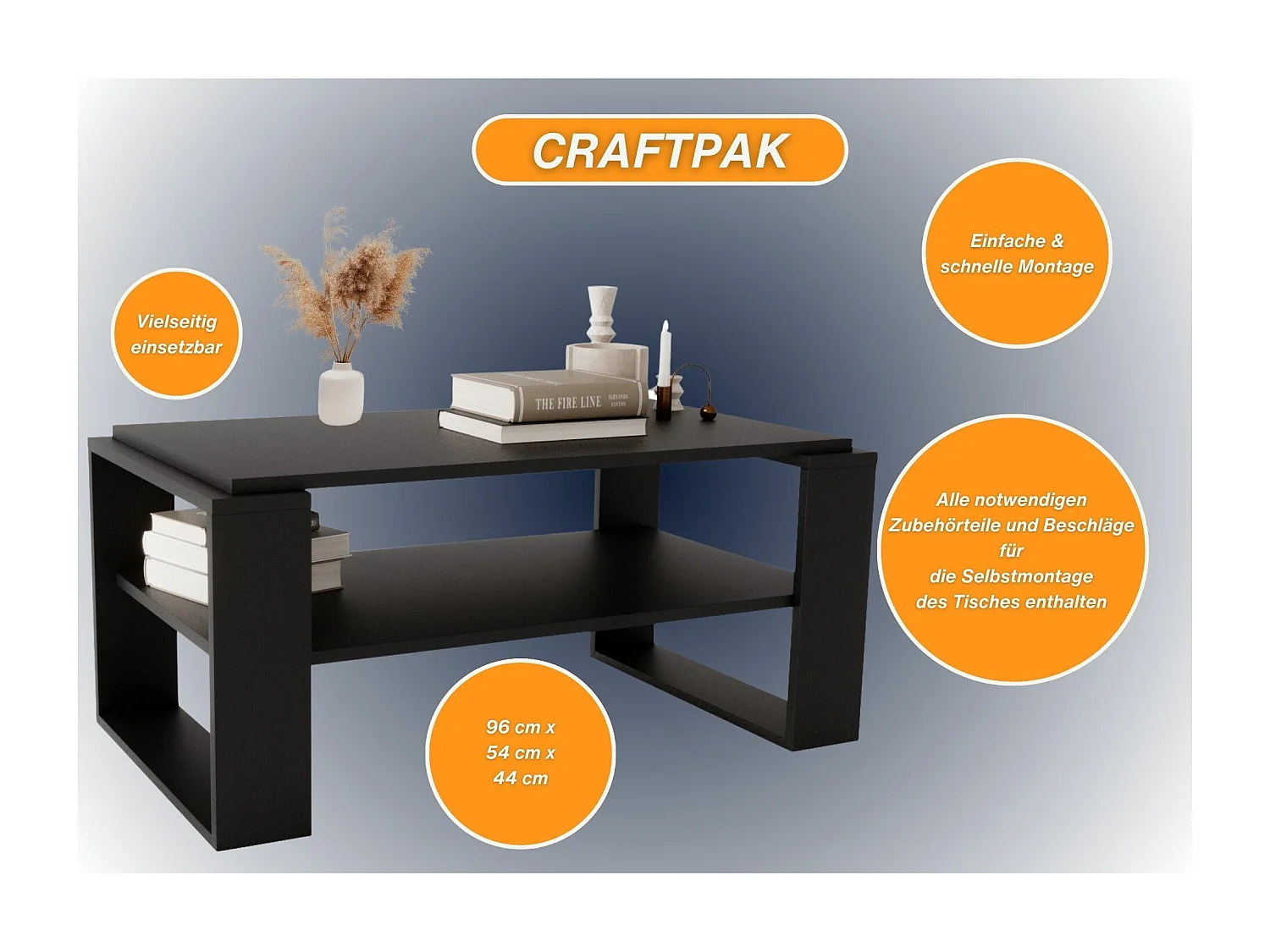CraftPAK moderner & stabiler Couchtisch für Wohnzimmer aus Holzwerkstoff 42x54x96cm