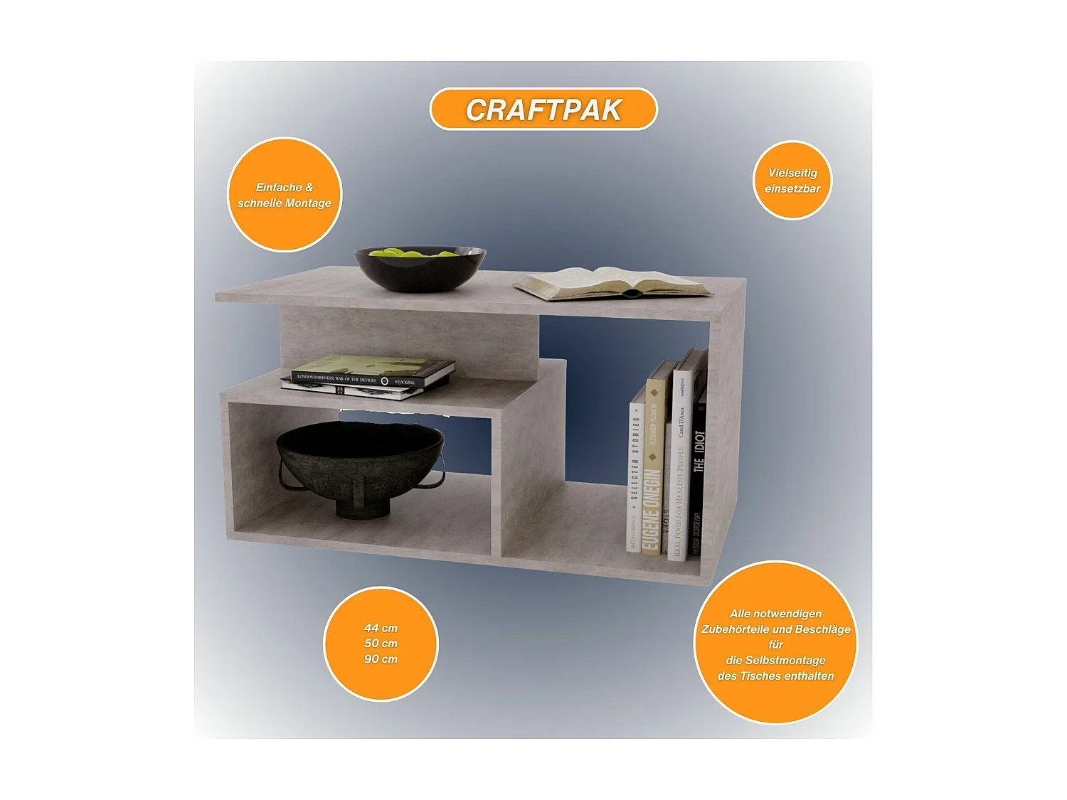 CraftPAK moderner & stabiler Couchtisch für Wohnzimmer aus Holzwerkstoff 44x50x90cm