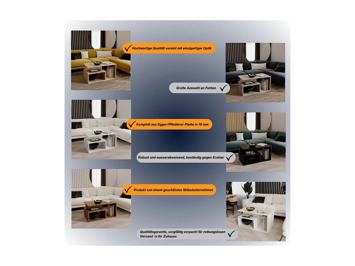 CraftPAK moderner & stabiler Couchtisch für Wohnzimmer aus Holzwerkstoff 44x50x90cm