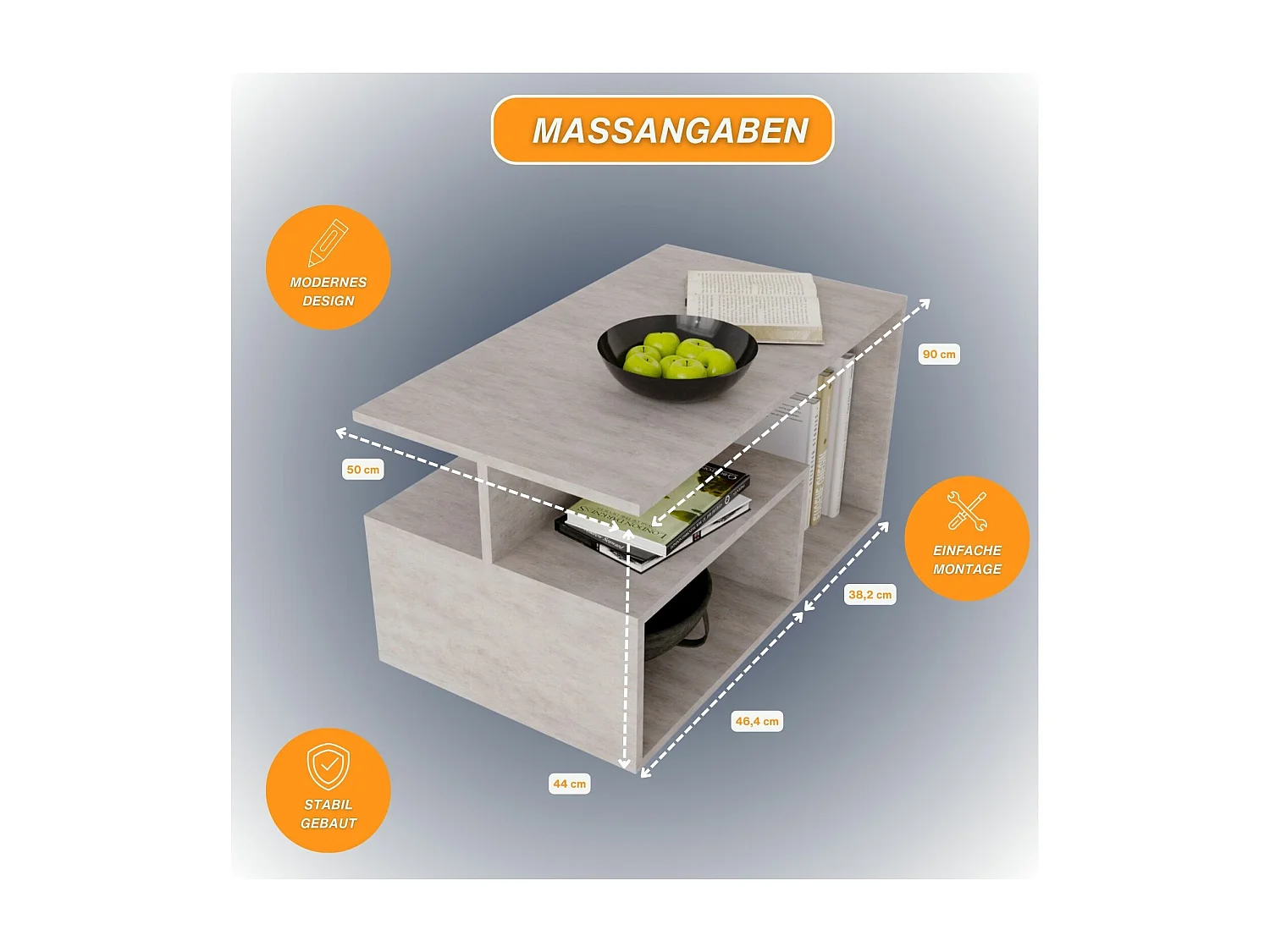 CraftPAK moderner & stabiler Couchtisch für Wohnzimmer aus Holzwerkstoff 44x50x90cm