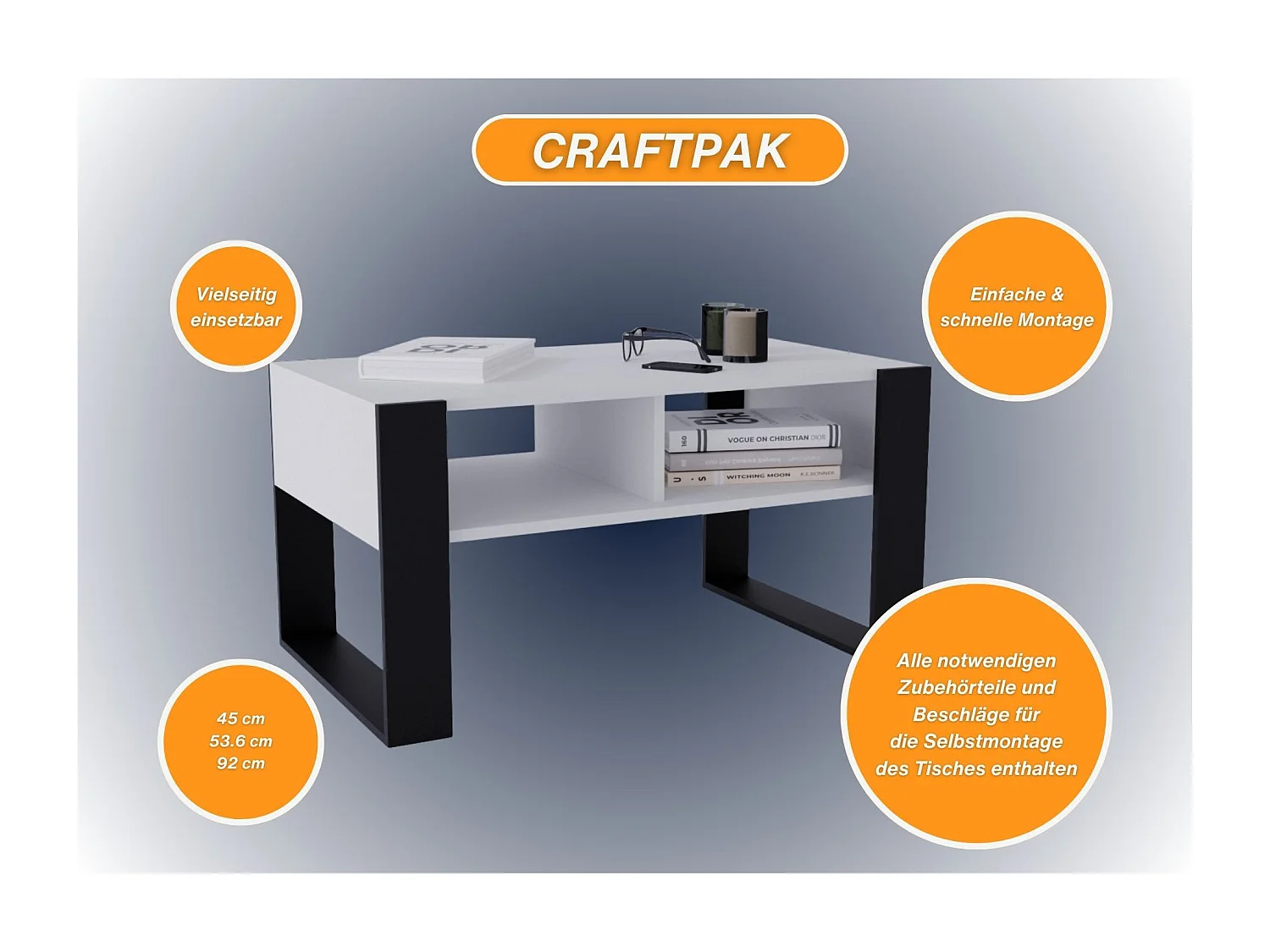 CraftPAK moderner & stabiler Couchtisch für Wohnzimmer aus Holzwerkstoff 45x53,6x92cm