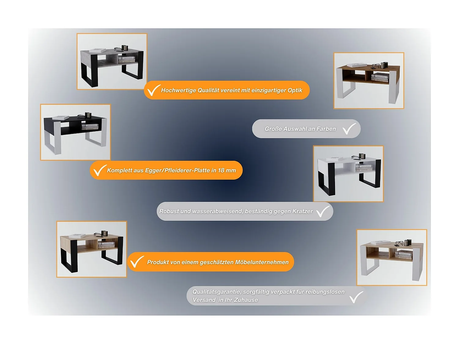 CraftPAK moderner & stabiler Couchtisch für Wohnzimmer aus Holzwerkstoff 45x53,6x92cm