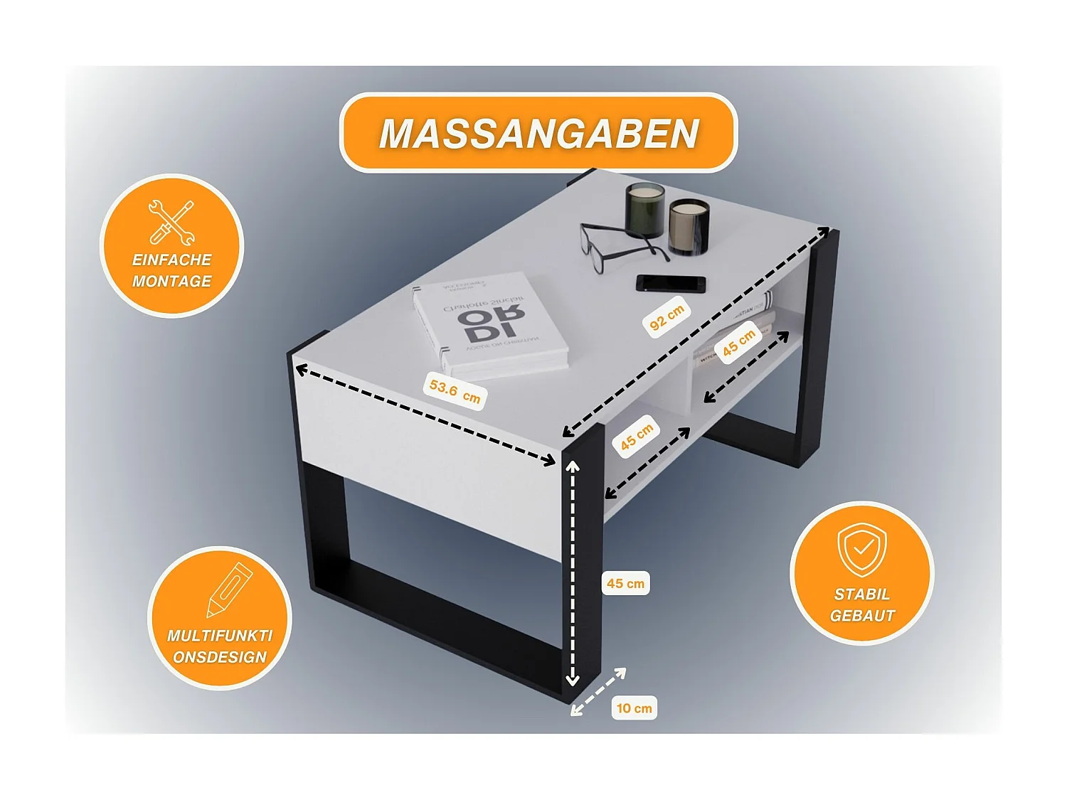 CraftPAK moderner & stabiler Couchtisch für Wohnzimmer aus Holzwerkstoff 45x53,6x92cm