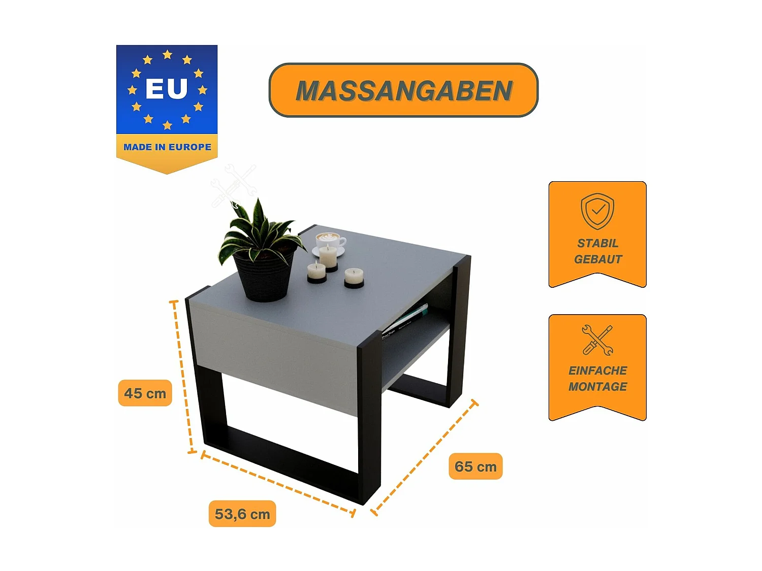 CraftPAK moderner & stabiler Couchtisch für Wohnzimmer aus Holzwerkstoff 45x53,6x65cm