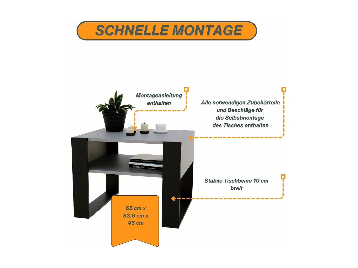 CraftPAK moderner & stabiler Couchtisch für Wohnzimmer aus Holzwerkstoff 45x53,6x65cm