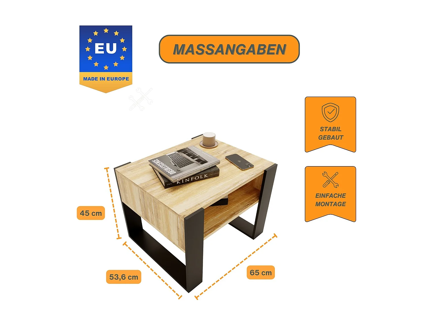 CraftPAK moderner & stabiler Couchtisch für Wohnzimmer aus Holzwerkstoff 45x53,6x65cm