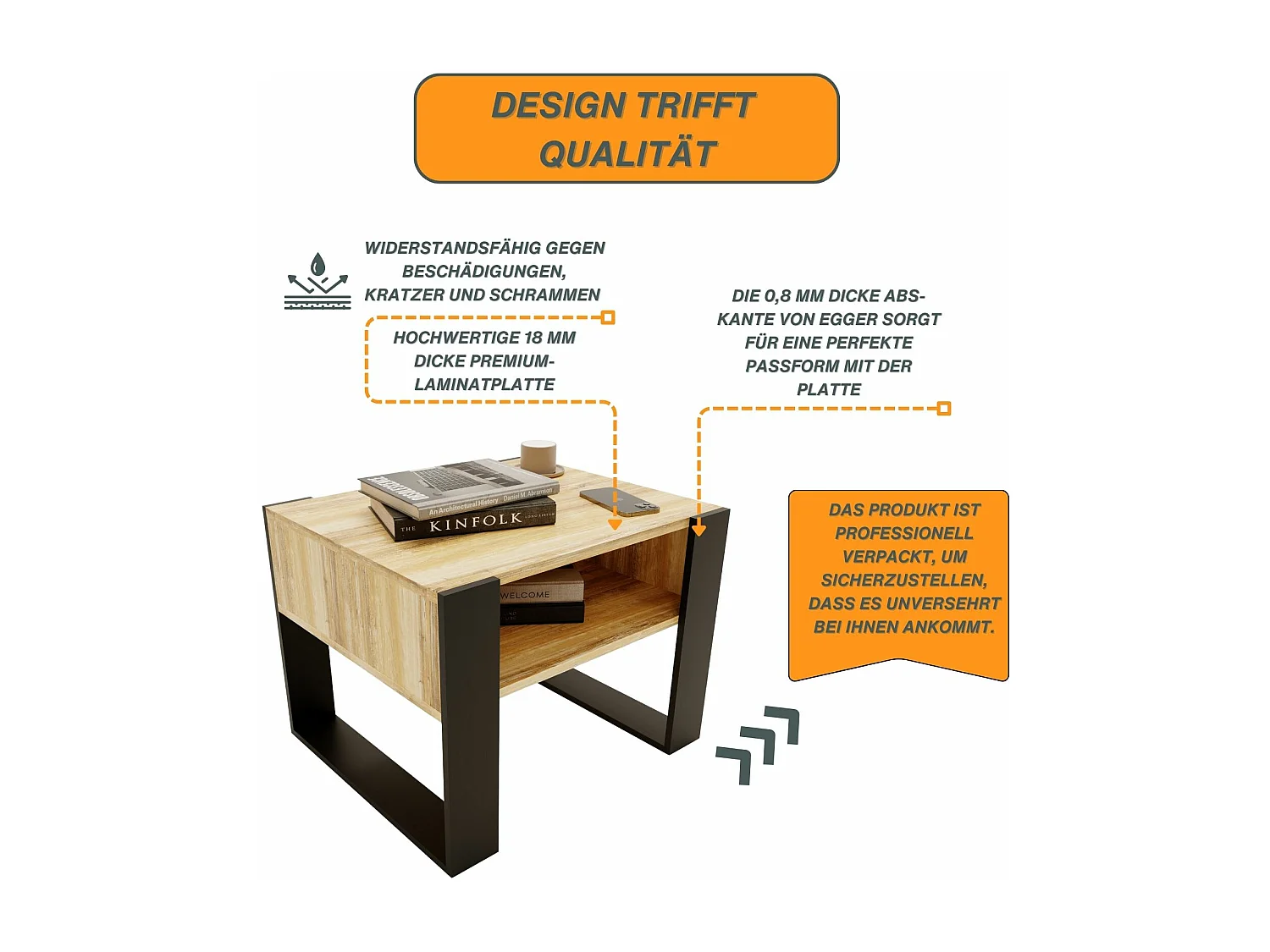 CraftPAK moderner & stabiler Couchtisch für Wohnzimmer aus Holzwerkstoff 45x53,6x65cm
