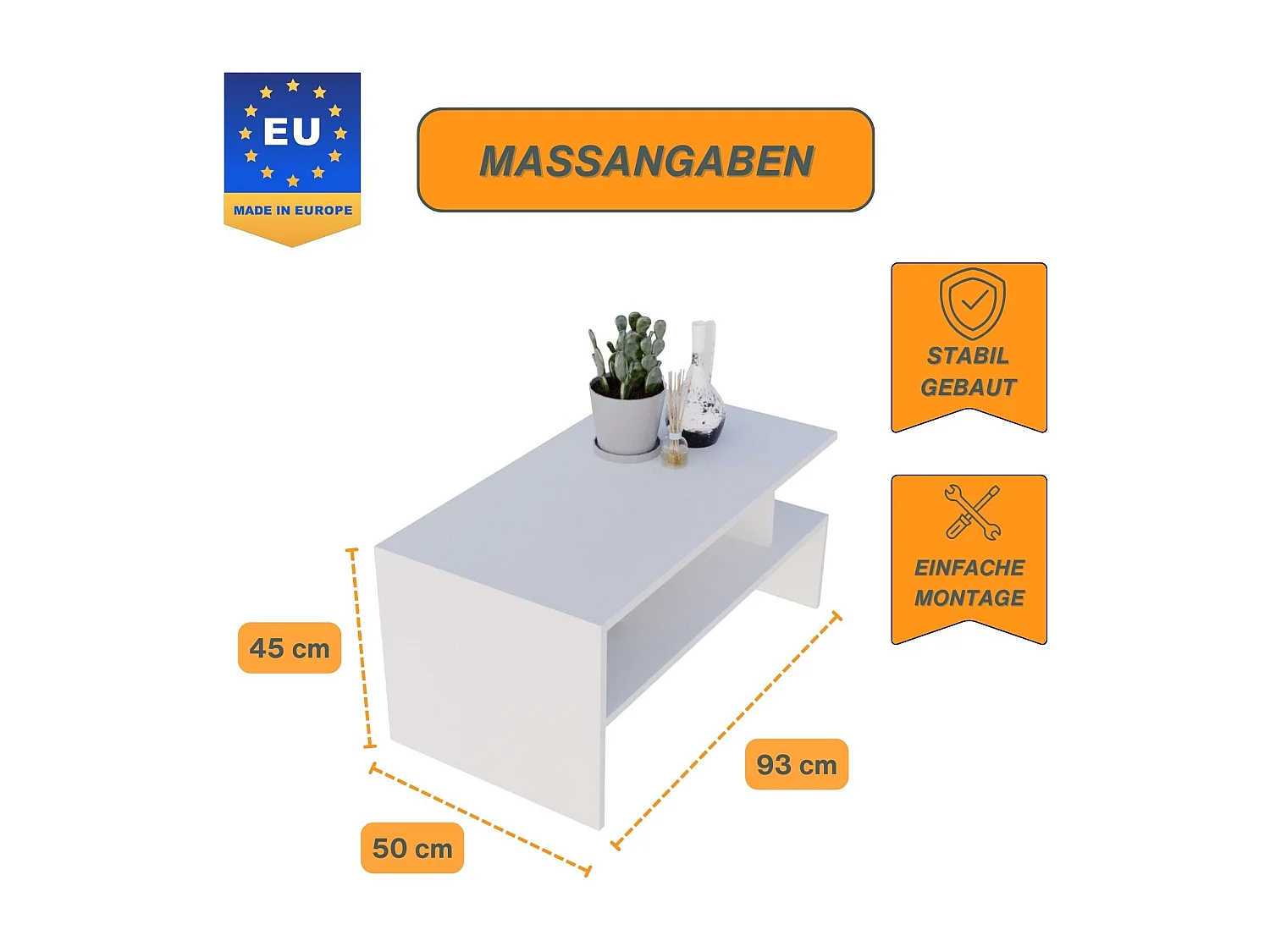 CraftPAK moderner & stabiler Couchtisch für Wohnzimmer aus Holzwerkstoff