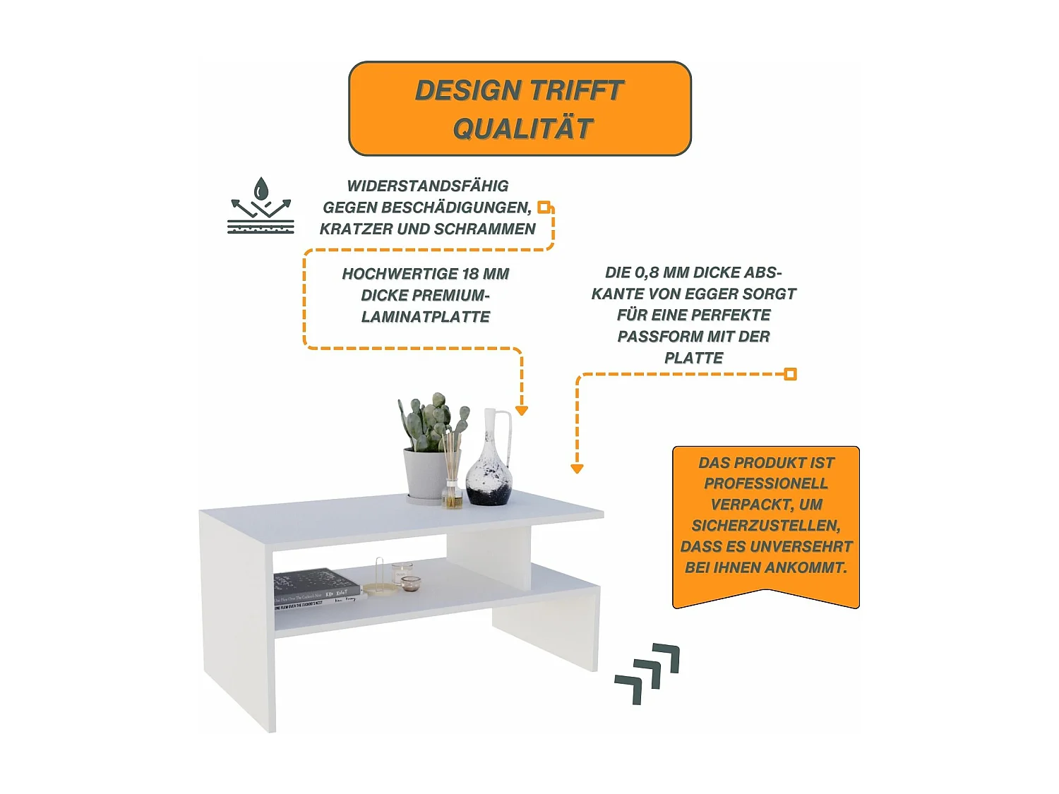 CraftPAK moderner & stabiler Couchtisch für Wohnzimmer aus Holzwerkstoff