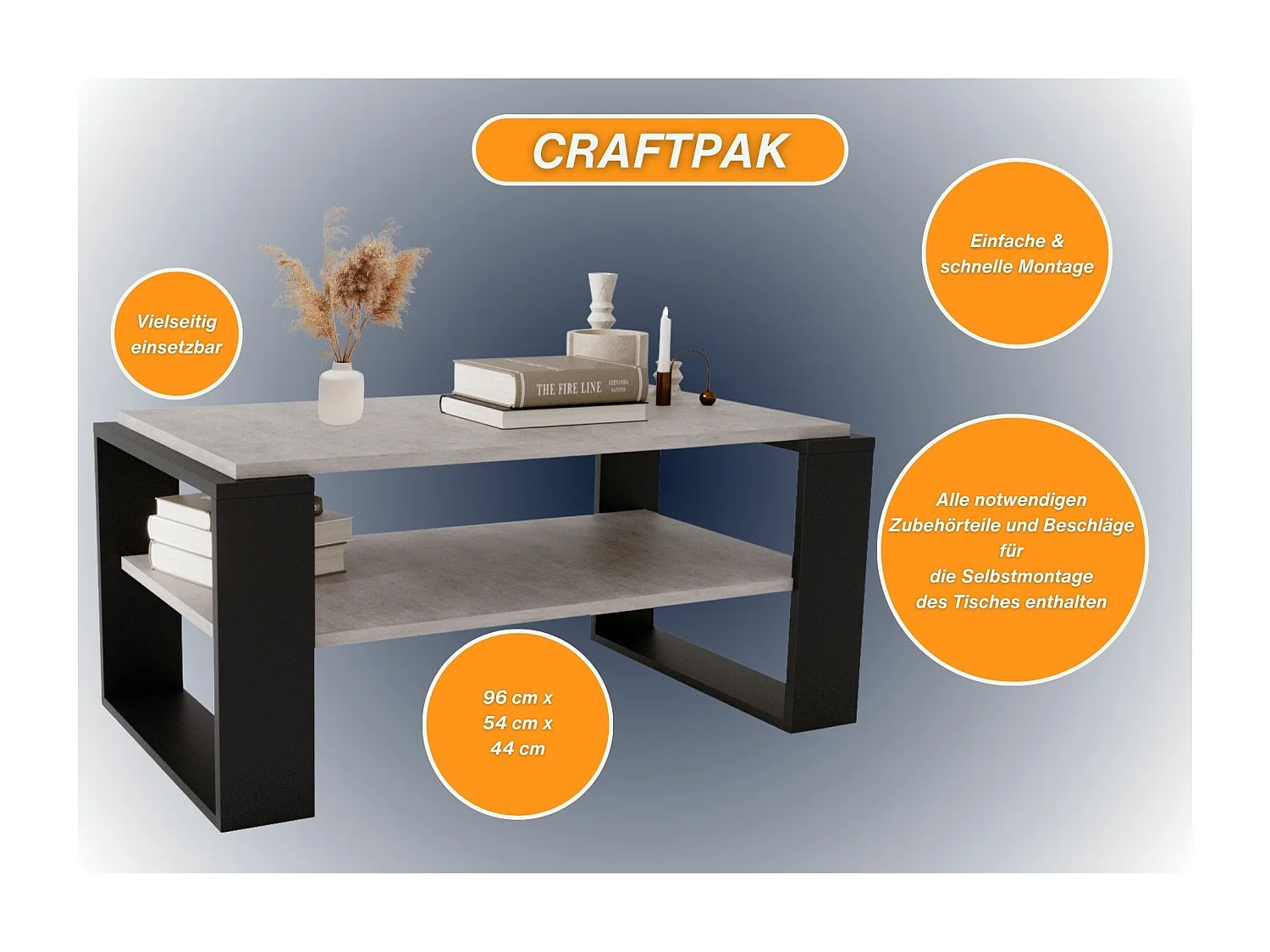 CraftPAK moderner & stabiler Couchtisch für Wohnzimmer aus Holzwerkstoff 42x54x96cm