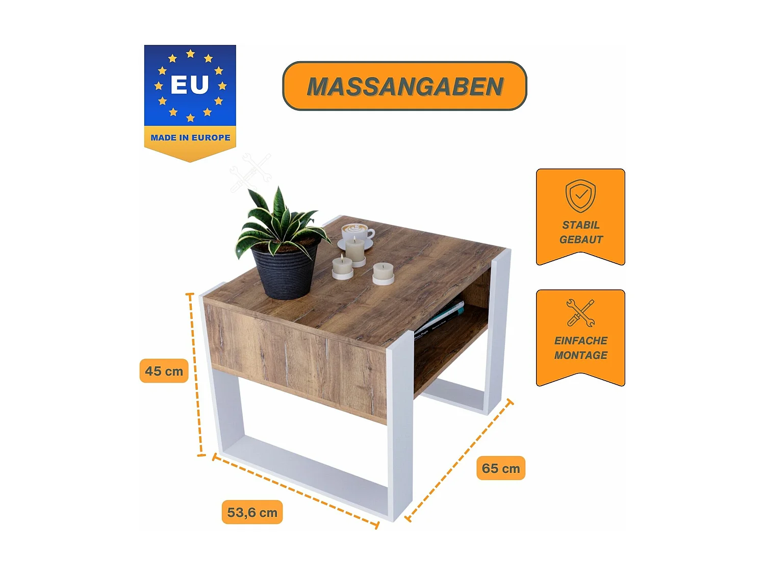 CraftPAK moderner & stabiler Couchtisch für Wohnzimmer aus Holzwerkstoff 45x53,6x65cm