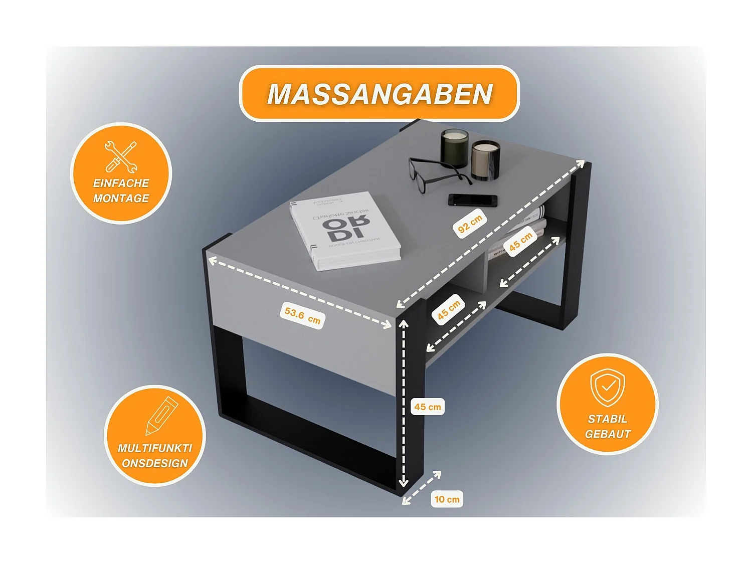 CraftPAK moderner & stabiler Couchtisch für Wohnzimmer aus Holzwerkstoff 45x53,6x92cm