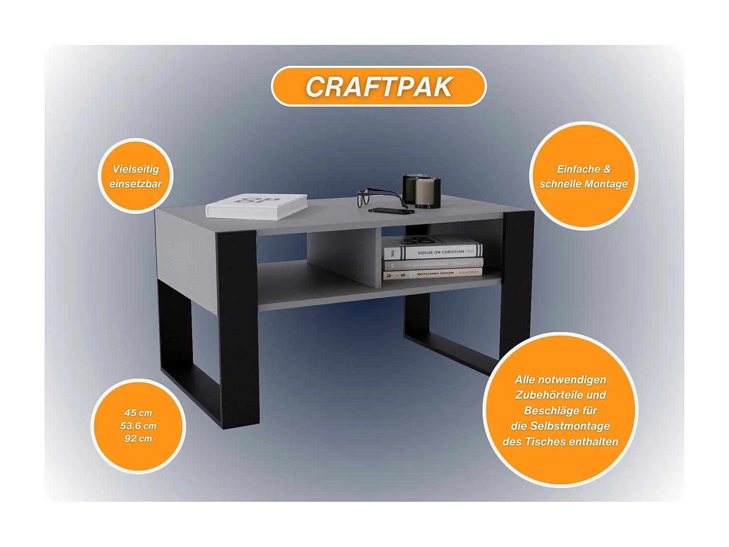 CraftPAK moderner & stabiler Couchtisch für Wohnzimmer aus Holzwerkstoff 45x53,6x92cm