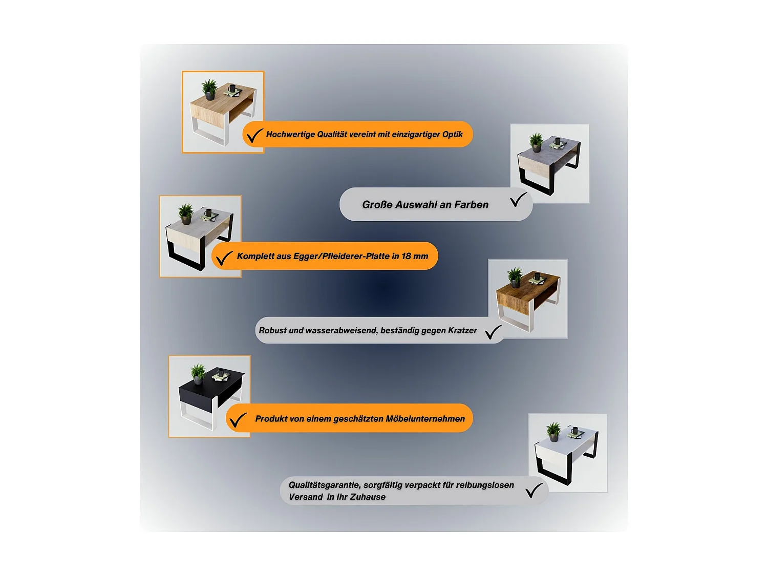 CraftPAK moderner & stabiler  Couchtisch für Wohnzimmer aus Holzwerkstoff 45x53,6x92cm