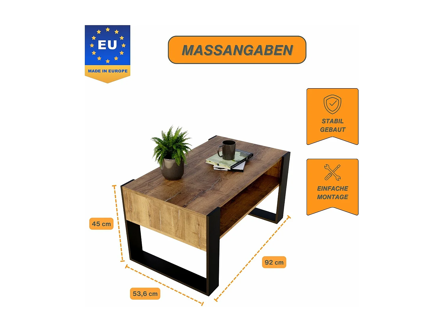 CraftPAK moderner & stabiler  Couchtisch für Wohnzimmer aus Holzwerkstoff 45x53,6x92cm