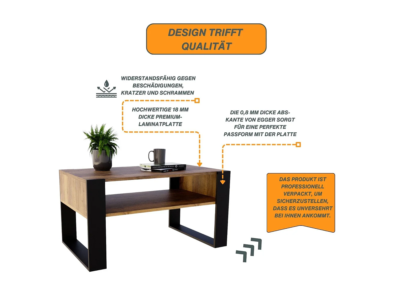 CraftPAK moderner & stabiler  Couchtisch für Wohnzimmer aus Holzwerkstoff 45x53,6x92cm