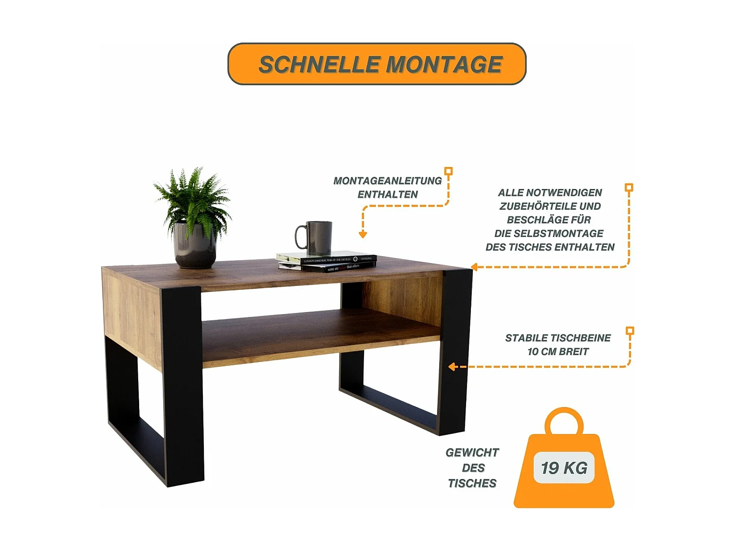 CraftPAK moderner & stabiler  Couchtisch für Wohnzimmer aus Holzwerkstoff 45x53,6x92cm