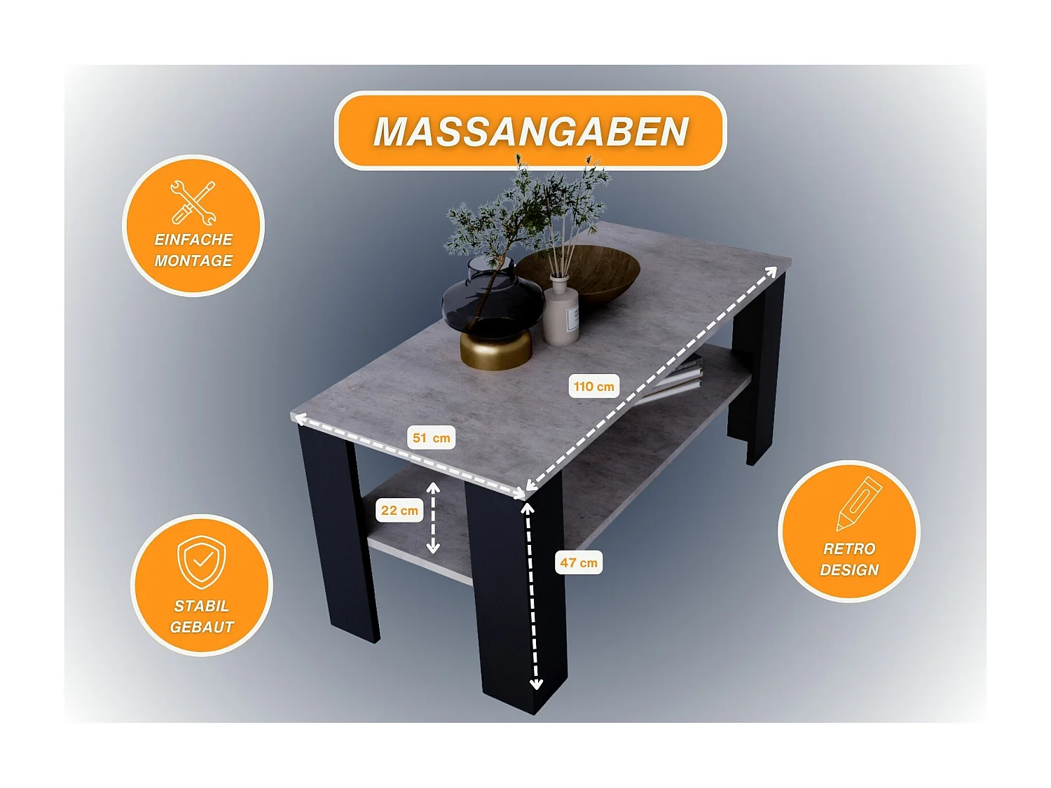 CraftPAK moderner & stabiler Couchtisch für Wohnzimmer aus Holzwerkstoff 47x51x110cm