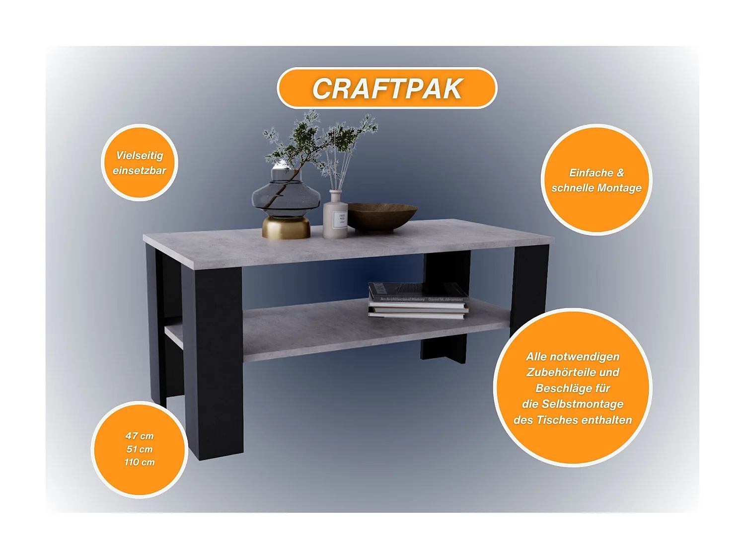 CraftPAK moderner & stabiler Couchtisch für Wohnzimmer aus Holzwerkstoff 47x51x110cm