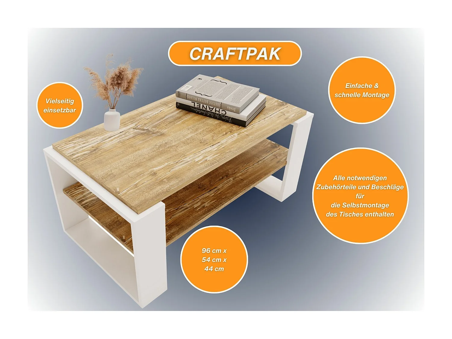 CraftPAK moderner & stabiler Couchtisch für Wohnzimmer aus Holzwerkstoff 42x54x96cm